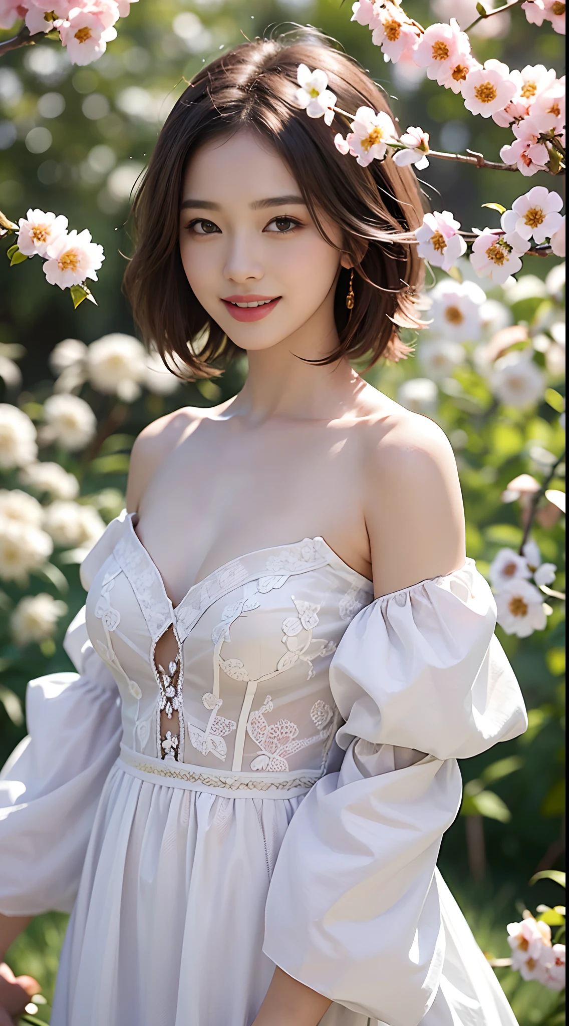 Best quality, masterpiece, ultra high res, (photorealistic:1.4), raw photo, 1girl, white dress, off shoulder, blossom flower field, glowing skin, light smile