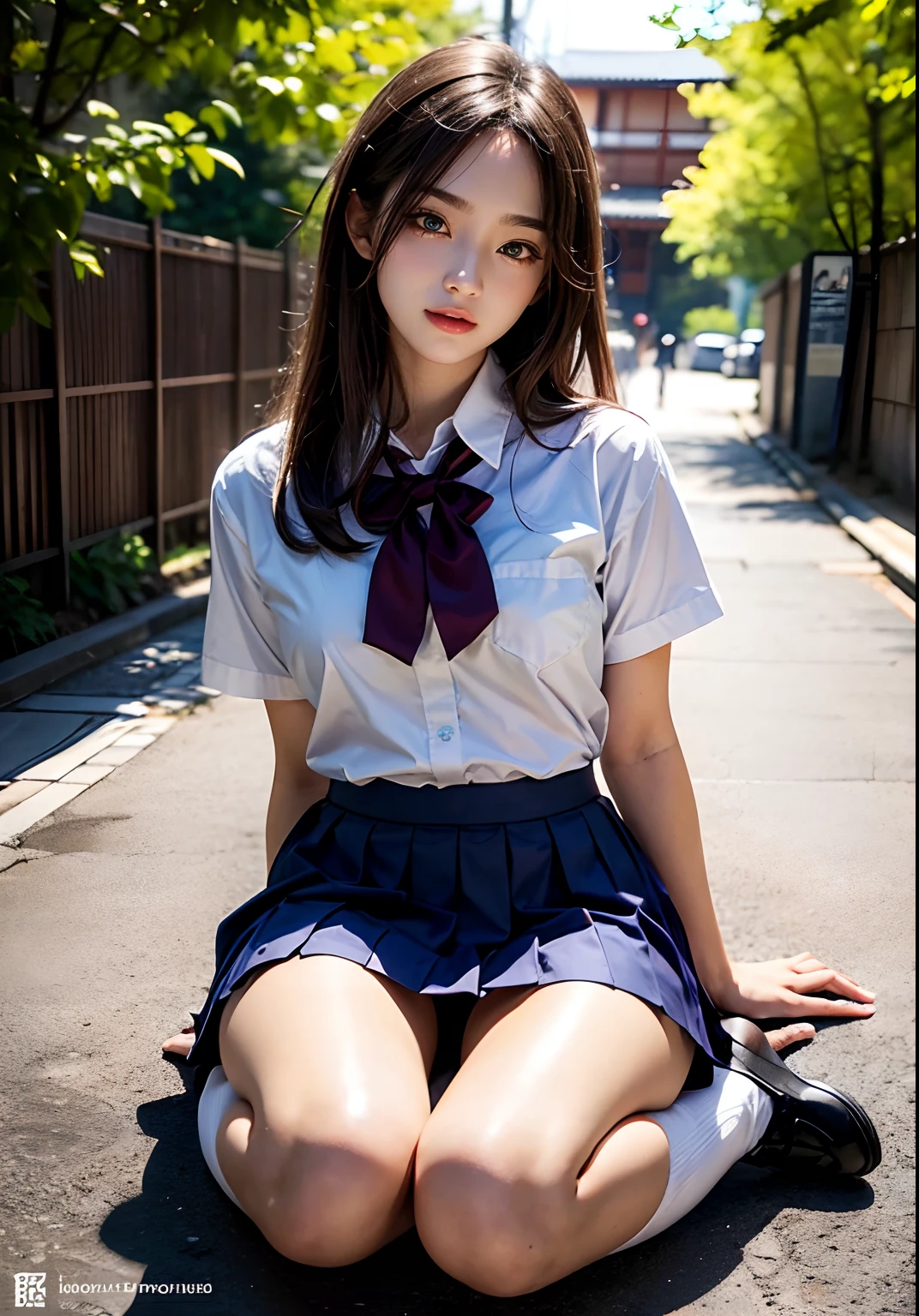 White cutter shirt with buttons on front、Dark blue pleated skirt、From the skirt white panties are perfectly visible、