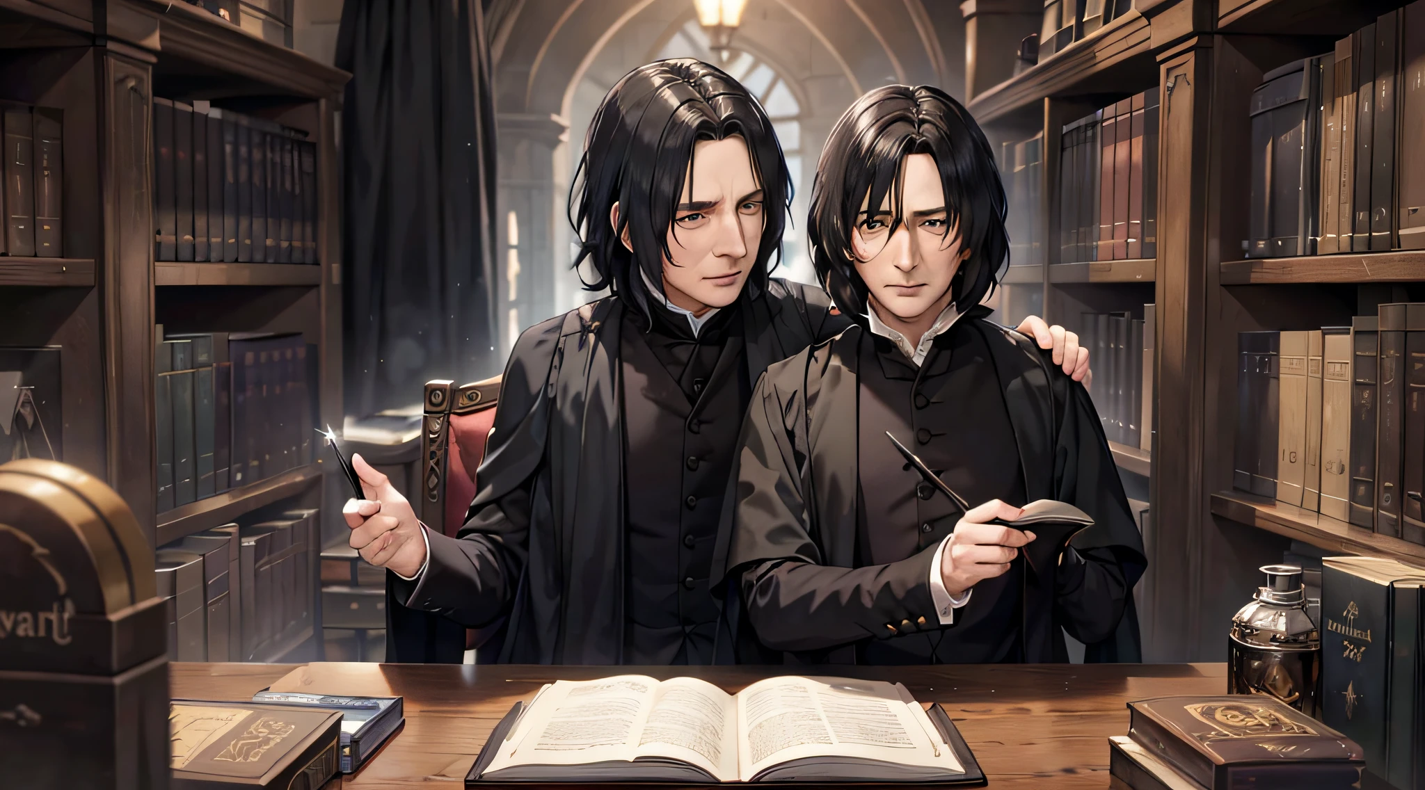 Meisterwerk, 4k, UHD, ((Professor Severus Snape)), (Gesicht: Alan_Rickman), Potions, Potions, Cauldron, Kessel, Books, books, Bookshelf, library, Severus Snape sitzend, seductive glance, schwarze Haare, Haare: mittellang, schulterlang, schwarze Roben, white shirt, Severus Snape, Mann, Professor, good body, perfect, ordentlich