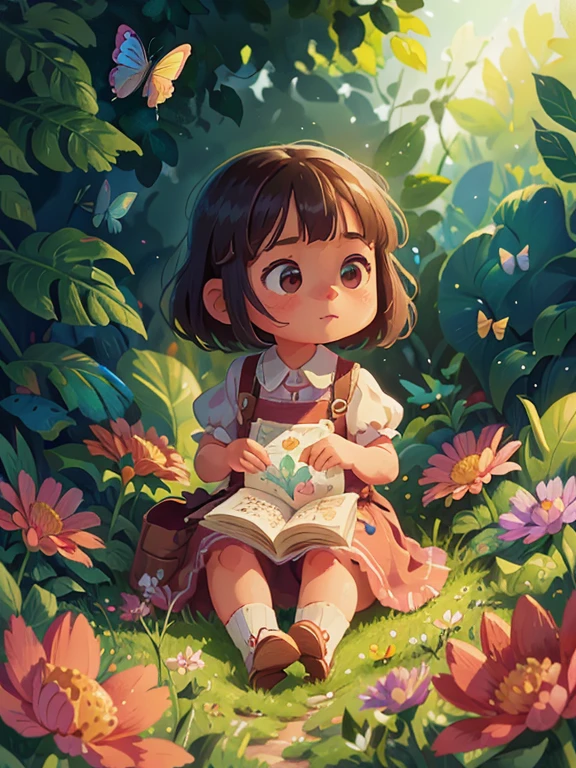 Tip: A very charming girl enjoying a beautiful summer surrounded by beautiful flowers surrounded by butterflies and nature. The illustration is a high-definition illustration in 4K resolution with highly detailed facial features and cartoon-style visuals.