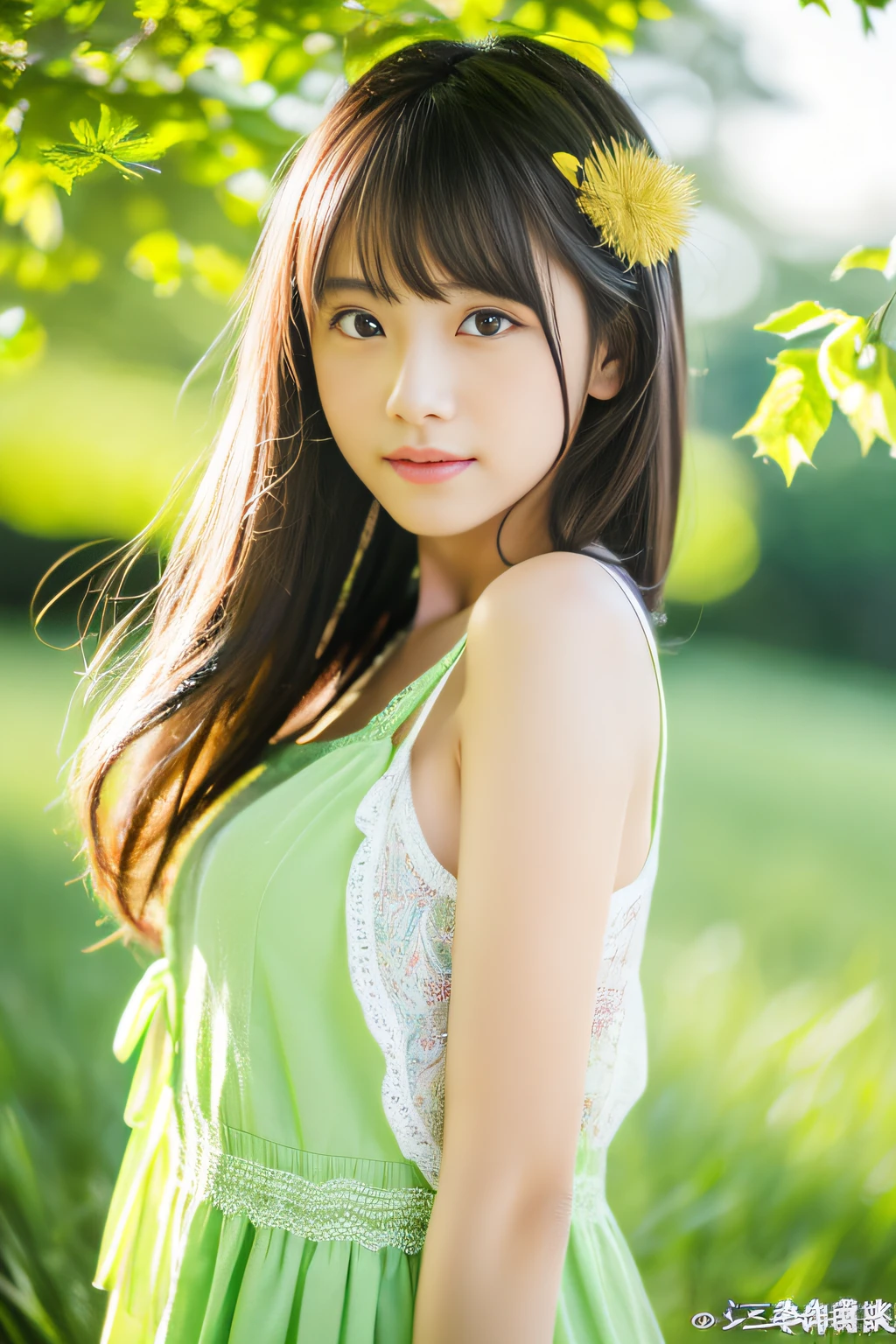 (Best Quality,8ｋ,Absolutely beautiful:1.2)、(cute Japanese girls:1.8、Perfect gravure idol),(爆乳),What is dandelion、Green world、Spring breeze、