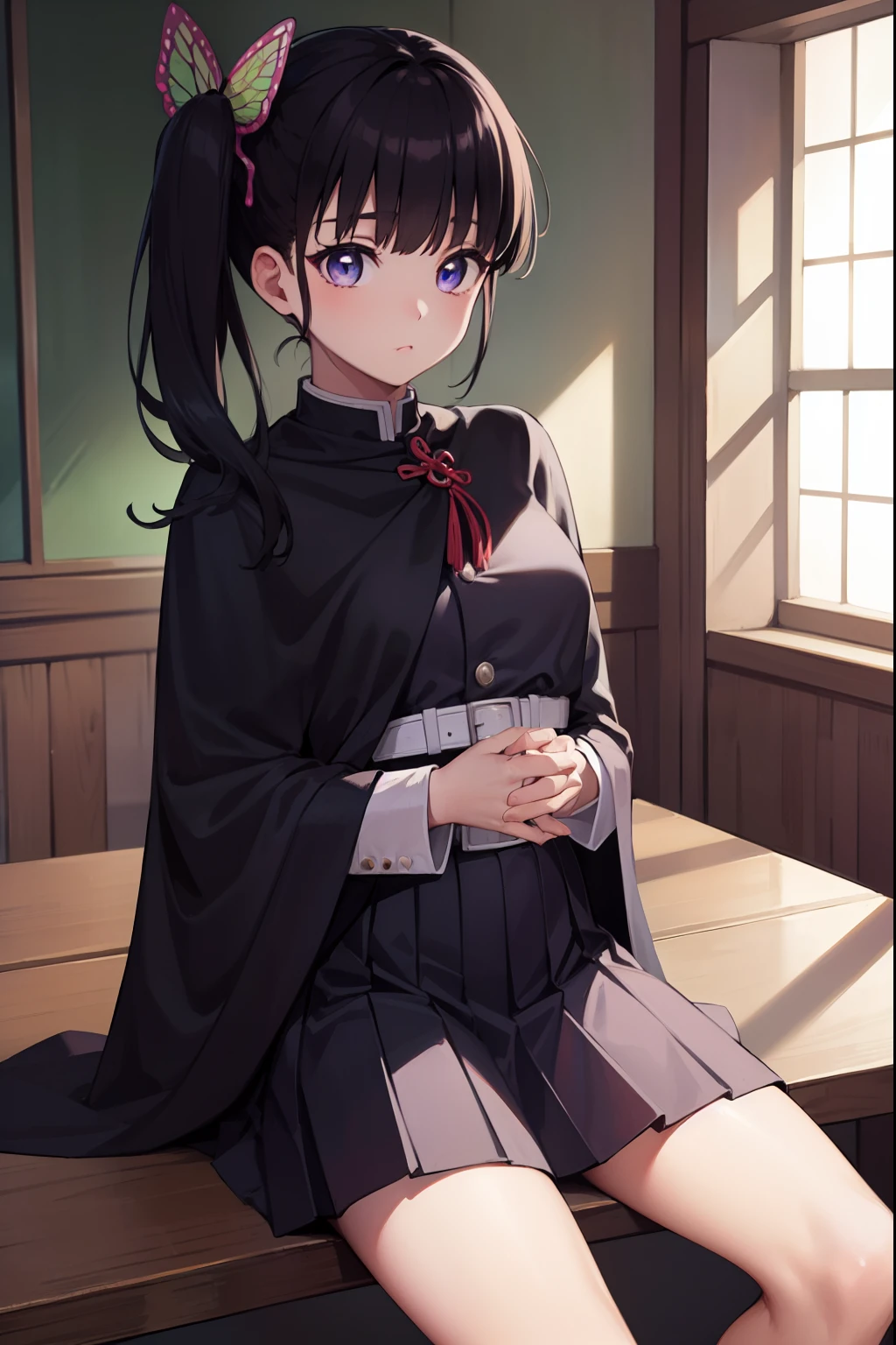 kanaotsuyuri, kanao tsuyuri, black hair, butterfly, butterfly hair ornament, (purple eyes:1.1), side ponytail, ponytail,
BREAK black skirt, cape, demon slayer uniform, long sleeves, pleated skirt, skirt, white cape,
BREAK looking at viewer,
BREAK indoors, classroom,
BREAK (masterpiece:1.2), best quality, high resolution, unity 8k wallpaper, (illustration:0.8), (beautiful detailed eyes:1.6), extremely detailed face, perfect lighting, extremely detailed CG, (perfect hands, perfect anatomy),