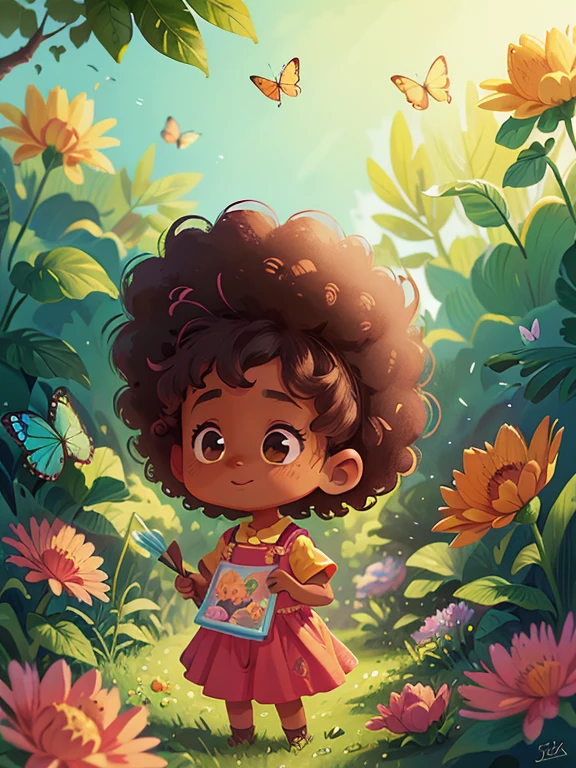 Tip: A very charming little afro girl enjoying a beautiful summer surrounded by beautiful flowers surrounded by butterflies and nature. The illustration is a high-definition illustration in 4K resolution with highly detailed facial features and cartoon-style visuals.