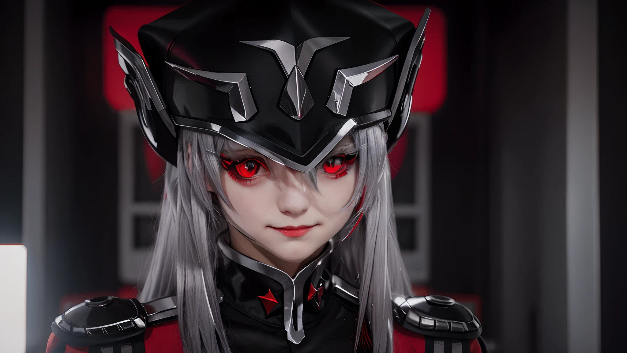 A girl with red eyes and silver hair wearing a black and red uniform.