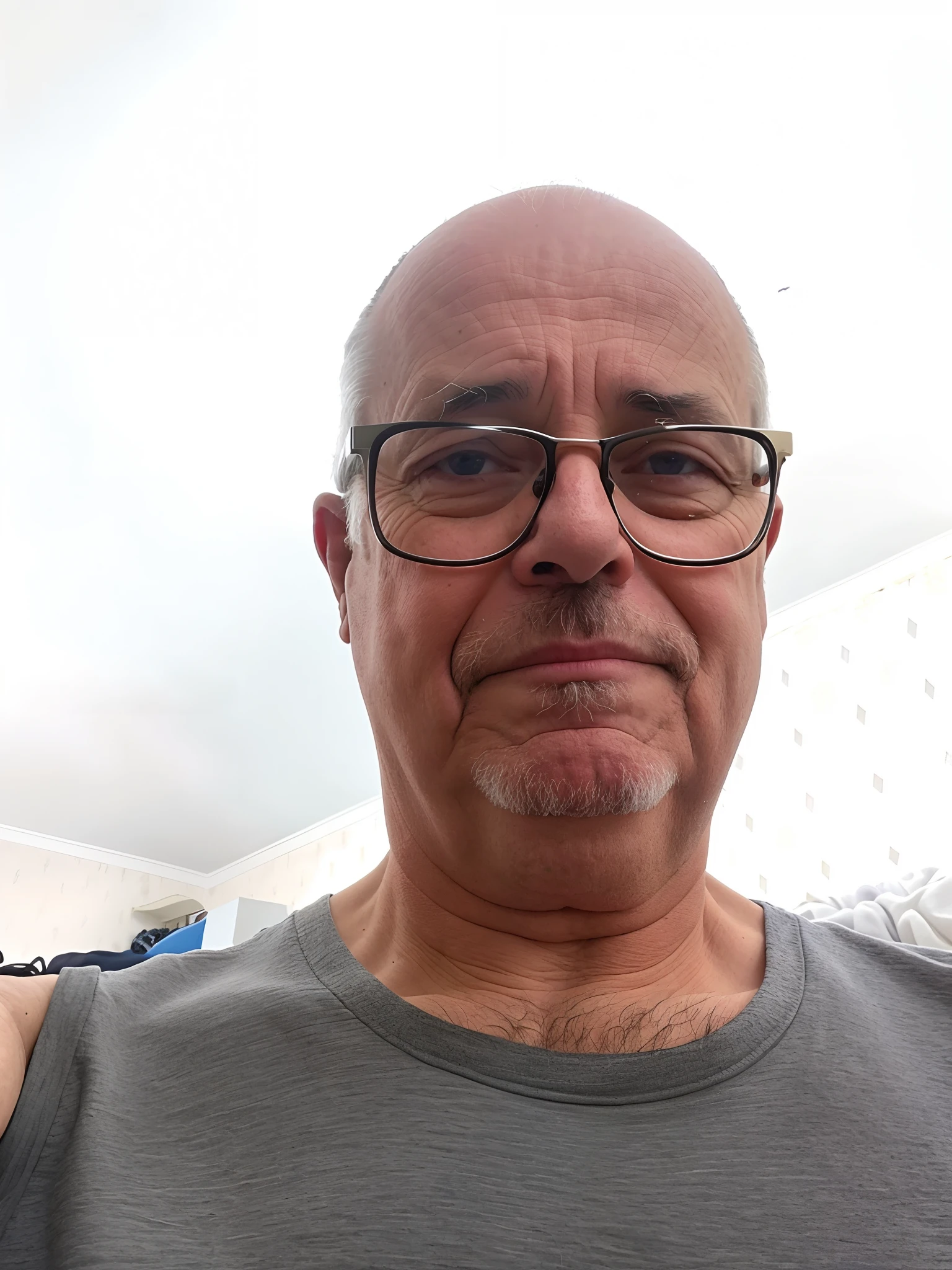 There's a man in glasses and a gray shirt posing for a photo, Homem de 5 0 anos, Fotografia selfie 8k, ele tem cerca de 6 0 anos de idade, ele tem cerca de 60 anos, Homens de 45 anos, ele tem cerca de 50 anos, ele tem cerca de 5 0 anos de idade, ele tem cerca de 7 0 anos de idade