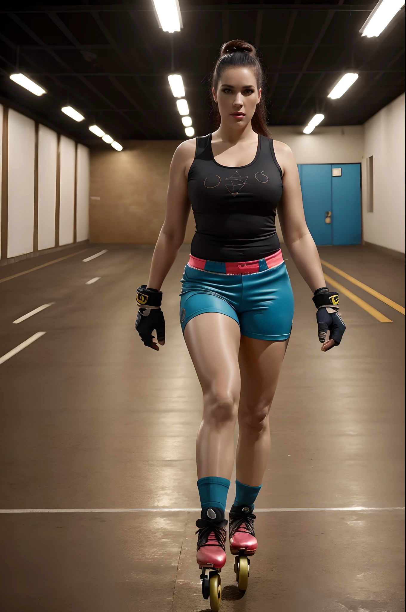 foto ultrarrealista de Angela White (28 anos, Enigmatic eyes) | praticando roller derby (Roller Derby Outfit) | Quadra coberta | artificial lighting | (walking towards the viewer: 1.3), (hyper-realistic: 1.3), (retrato: 1.2), altamente detalhado, (pele altamente detalhada: 1.3) | seios grandes: 1