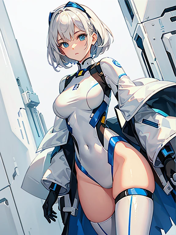 Slender beautiful girl、(White and blue futuristic space station wall background):1.2、Tight-fitting bodysuits of the near future、hight resolution、top-quality、The ultra-detailliert、Fine details、Does not blush cheeks、knee high、Undersized breasts、short hair of golden color、head phone