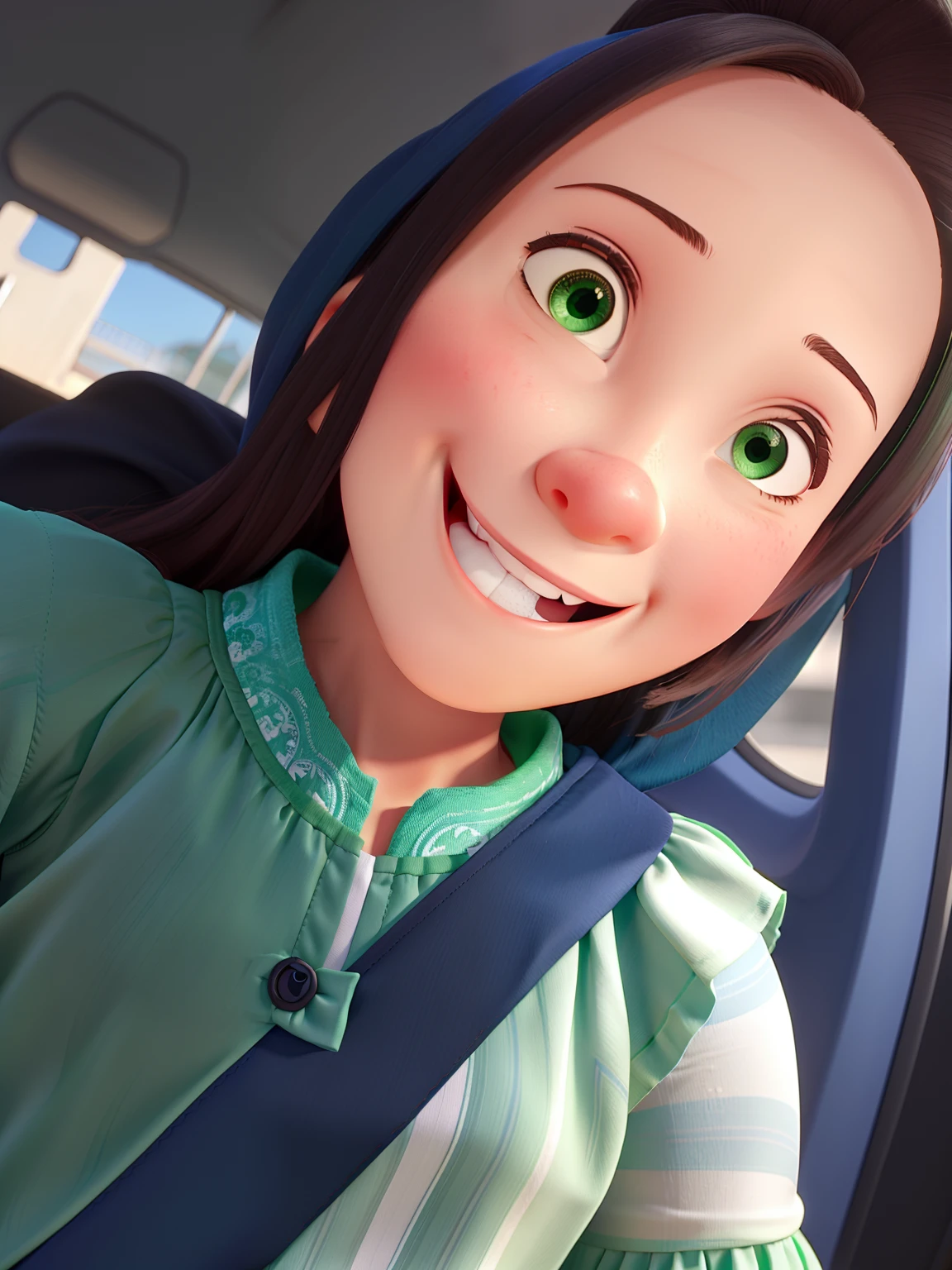 Uma menina sorrindo de blusa verde
