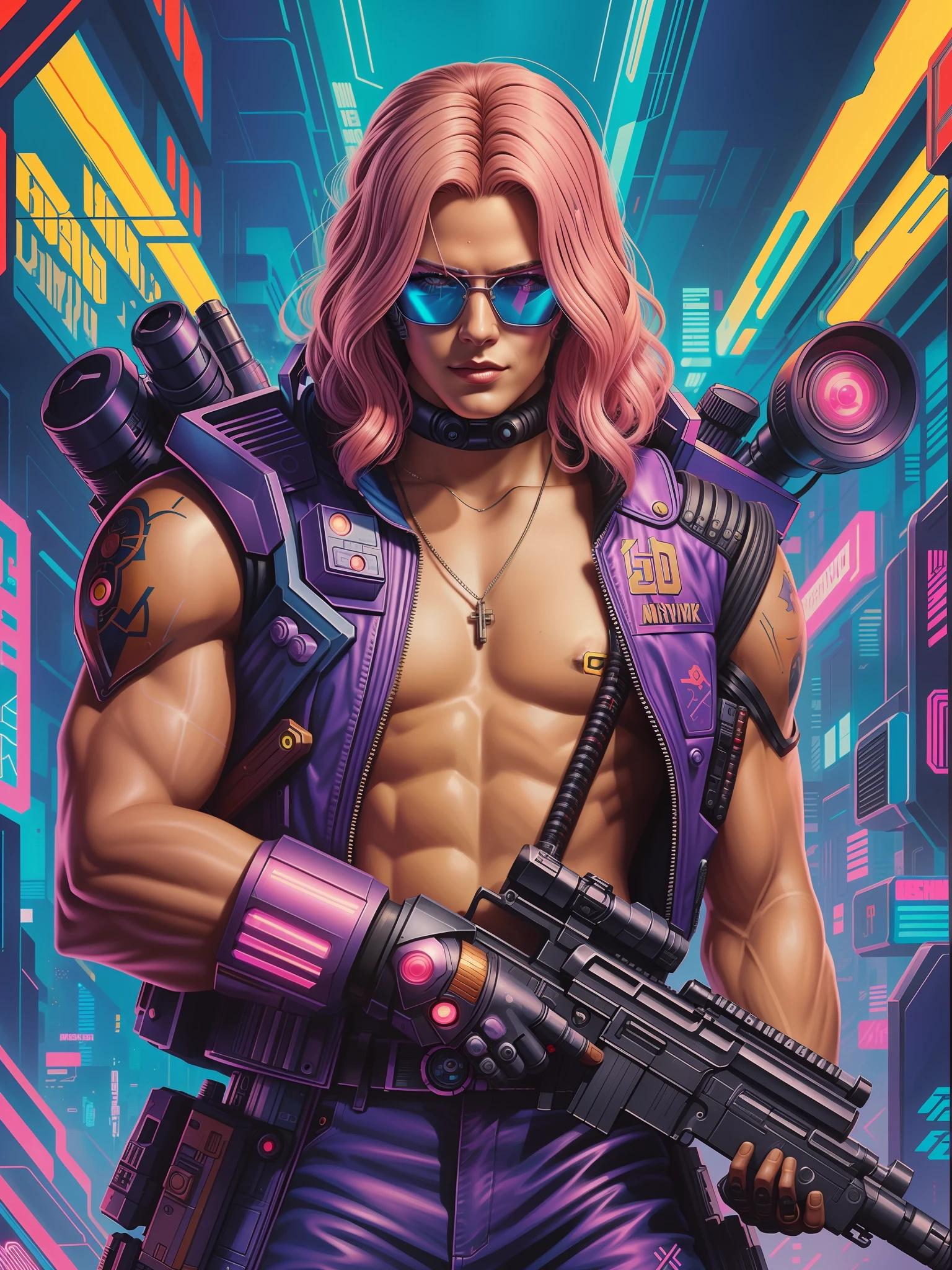 um close up de um homem com uma arma e uma arma, musculoso! Cyberpunk, cara Cyberpunk, estilo de arte Cyberpunk, Marvel 8 0 S Estilo, arte da capa dos quadrinhos Cyberpunk, cyberpunk hero, masterpiece epic retrowave art, cyber space cowboy, Design de personagens de quadrinhos dos anos 90, Jen Bartel, retro cyberpunk, detailed cyberpunk illustration, cyberpunk themed art, Arte Cyberpunk