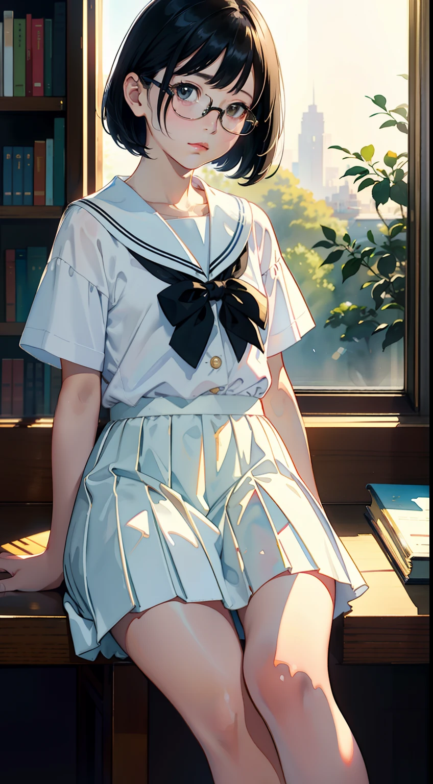 (Watercolor in Sargent style)、(top-quality、masterpiece)、超A high resolution、high-detail、(David Hamilton Style)、(softfocus)、Cinema Angle、ciinematic light、Soft light、femele、s girl、(Short black hair)、(Pill glasses)、校服、White sailor suit、long skirt、Realistic face details、真实感、Pretty Face、(book library)、Sunset light、((A wistful look))、