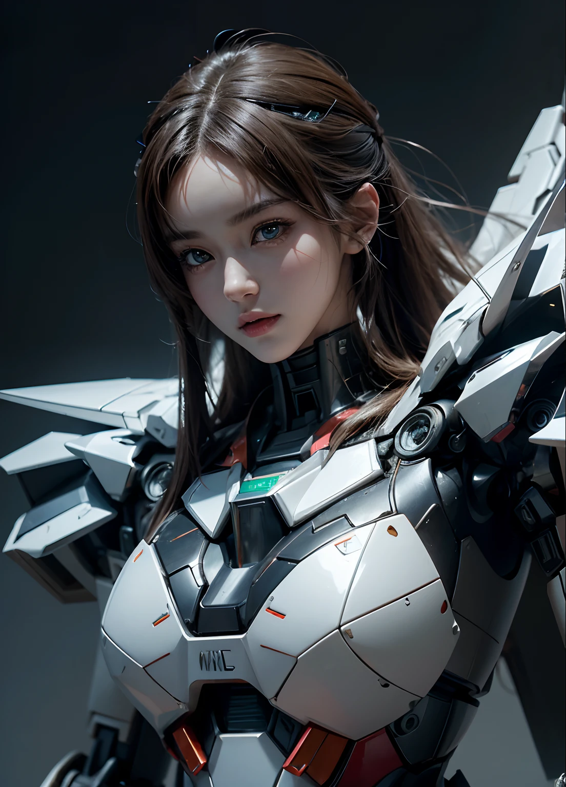 Textured skin, Super Detail, high details, High quality, Best Quality, hight resolution, 1080p, hard disk, Beautiful,(Gundam),beautiful cyborg woman,Mecha Cyborg Girl,Battle Mode,Girl with a Mecha Body,She wears a futuristic Gundam mecha,Fulll body Shot