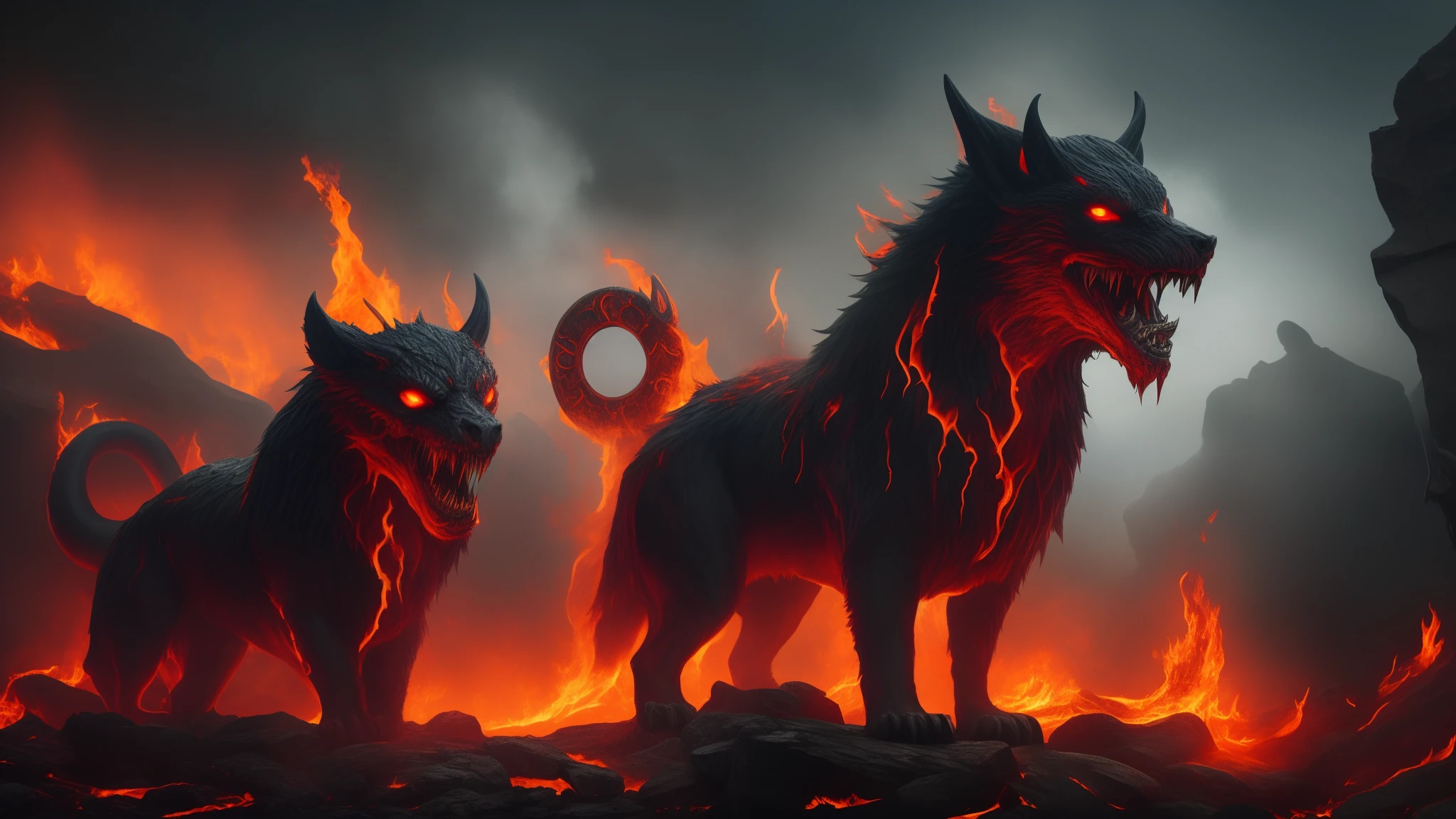 cerberus,gate to hell,surrounded by pool of lava,powerful demonic guardian with three heads and sharp teeth,dark and ominous atmosphere,smoke and fire,scorching hot temperatures,ominous red glow,molten lava flowing,unearthly growls and barks,thick chains and shackles,guardian of the underworld,ferocious and terrifying appearance,cerberus with serpent-like tail,midnight black fur,gleaming red eyes,giant paws with razor-sharp claws,demonic energy radiating,rocky and jagged terrain,infernal flames,burning souls,wicked and imposing presence,ancient Greek mythology,mythical creature symbolizing the entrance to the underworld,terrifying faces with wild expressions,dark and foreboding entrance,ominous shadows and silhouettes,dangerous and treacherous journey,mythical smoke and mist,ominous presence that strikes fear into all who approach,menacing and untamed beast,guardian of the gates between the realms,descent into the realm of the dead. super detail, high resolution, ultra-quality, very wide shoot angle, 4K landscape wallpaper - --auto --s2