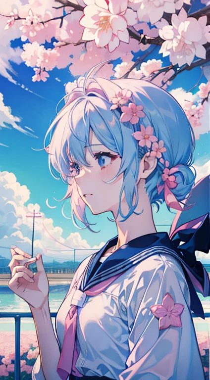 few cherry blossom and cloud only bg, 2d anime bg, simple, fresh, pastel blue and pink, simple bg, highschool rooftop pov, chain link fence
