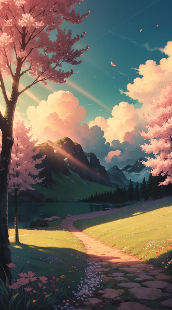 a {hyper realistic}, {best quality}, {8k}, {masterpiece}, of a beautiful small ripely pond in the middle of a beautiful grassy meadow with lots of pink flowers surrounded by a deep dark oak forest and rocky snowy mountains in the background with highly detailed reflection and large fluffy clouds in the stormy pink sky, (((all detail in focus)))
