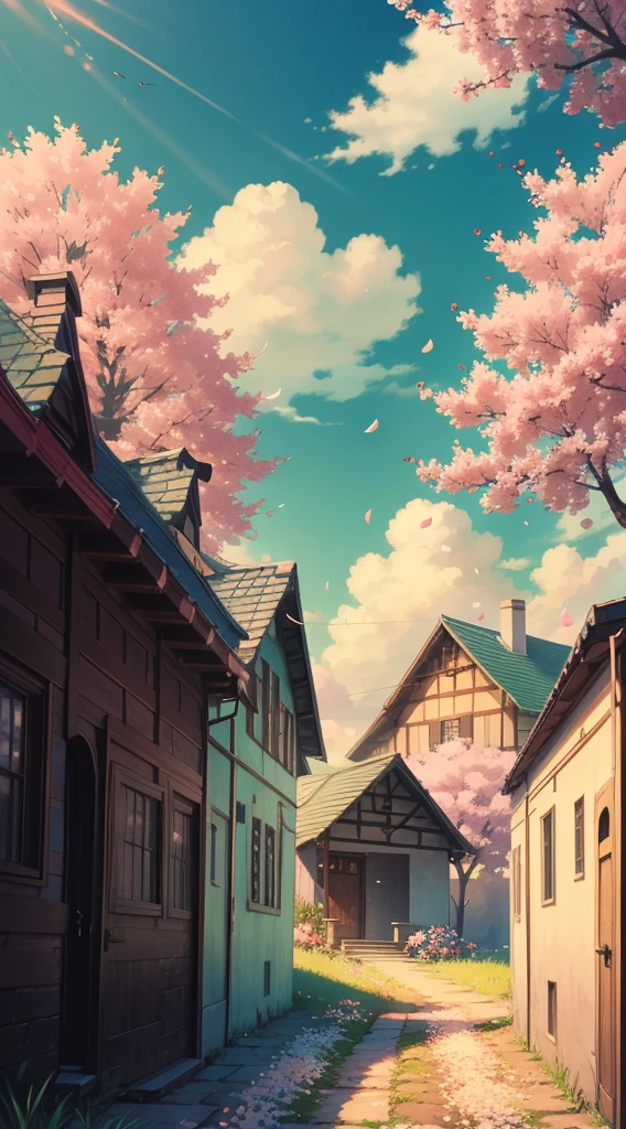 Lots of pink trees, large skies, white clouds , petals , blossoms, aesthetic serene bliss, diffused light, god rays, chromatic aberration, caustics