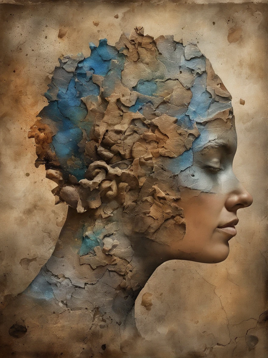 3D Puzzles , Beleza-Looks , Ruiva, Ogiva explosiva, Partes, embutido no rosto, transitory, inspirado em Igor Morski, dramatic art, photo manipulation, photo manipulation, Decair,, explosion of data fragments, Hm, Arte Oficial, Detalhes inacreditavelmente altos, Photoshop Arte, Rauscheffekt, azul escuro