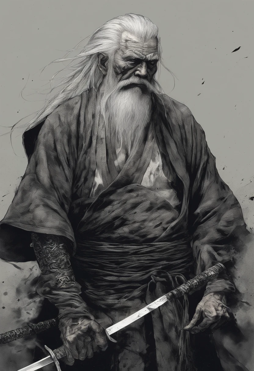 Historical, Shirtless old man, Samurai,battered,Shirtless, Japanese Katana Sword, long white hair, long white beard，samurais,Grandpa, burst，Knelt，Seppuku suicide