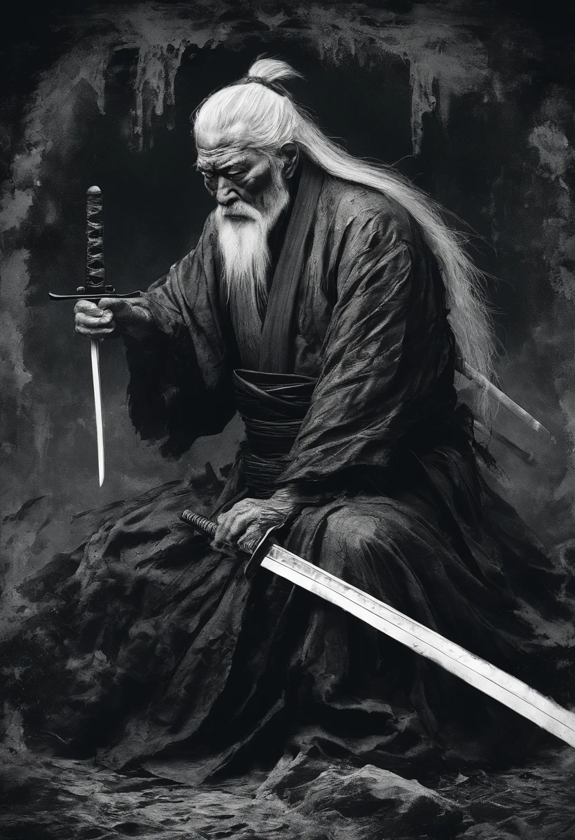 Historical, Shirtless old man, Samurai,battered,Shirtless, Japanese Katana Sword, long white hair, long white beard,samurais,Grandpa, burst,Knelt,Seppuku suicide