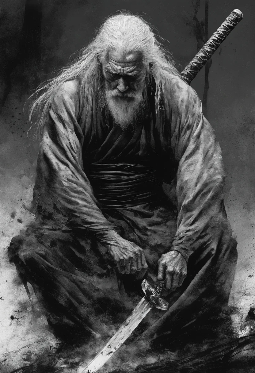 Historical, Shirtless old man, Samurai,battered,Shirtless, Japanese Katana Sword, long white hair, long white beard，samurais,Grandpa, burst，Knelt，Seppuku suicide