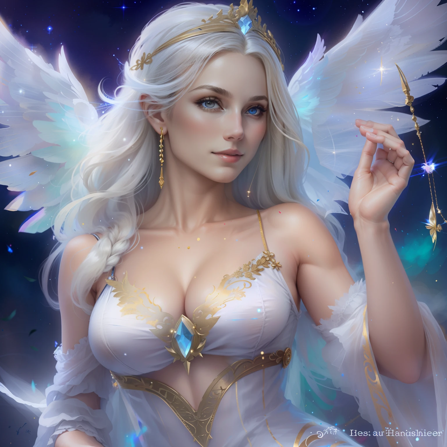 An exquisite masterpiece, Upper body, (Adult: 1.6) Hungarian woman, (giggle: 0.4), Arms behind the head, Golden braid, Sparkling eyes, Victorian sundress, Suspended light particles, Centered, Add face details