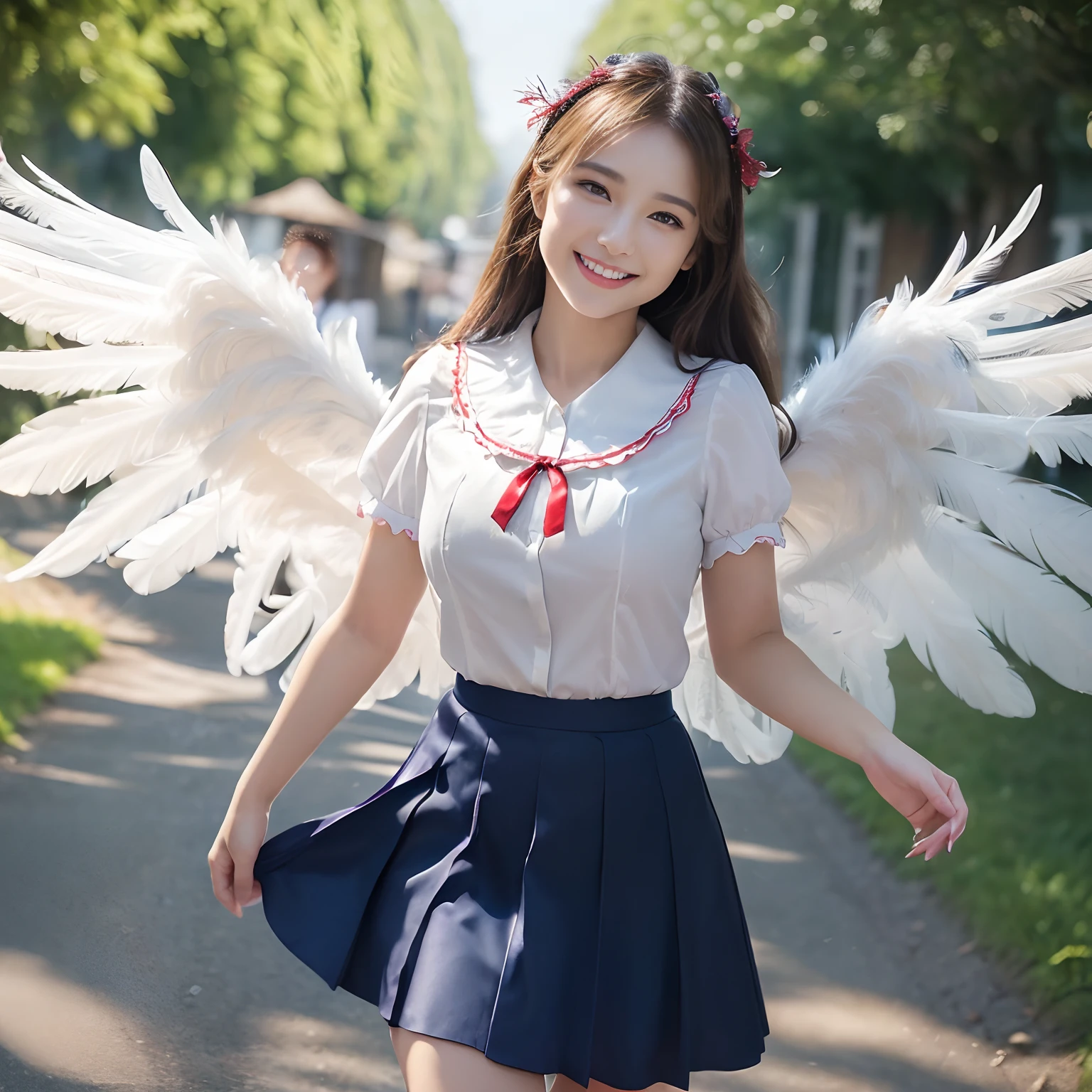 (((masutepiece、top-quality)))、(((((1 girl、White Uniform Shirt、It features a simple, Standard White Shirt、Red ribbon on chest、There is a red ribbon on the chest、large full breasts、Wearing a dark blue skirt、Navy skirt、Plain navy skirt、high-school uniform)))))、((Huge and realistic angel wings,The most detailed and intricate angel wings、Shimmering white feathers、facing front、Turn your body towards us、Facing the front、Plumage gives off a transparent shine、The feathers shine like a fairy tale、spectacular movie lighting、((The background is the route to school、Walking along the school route surrounded by nature、Walking on the way to school))、8K,An ultra-high picture quality,The face of the most beautiful actress,Mature female face、The biggest smile staring at the camera、Smiling at the camera、美丽的面容、Beautiful teeth、natural make up、long、straight haired、The feathers located on the back are、、、It shines like a translucent fairy tale))、A slender、bulky, Complex wings