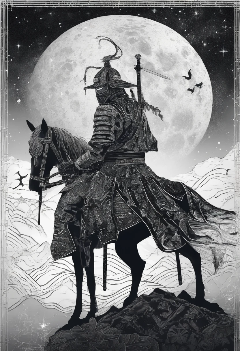 The samurai carries a sword, Starry sky and fog cover the landscape.