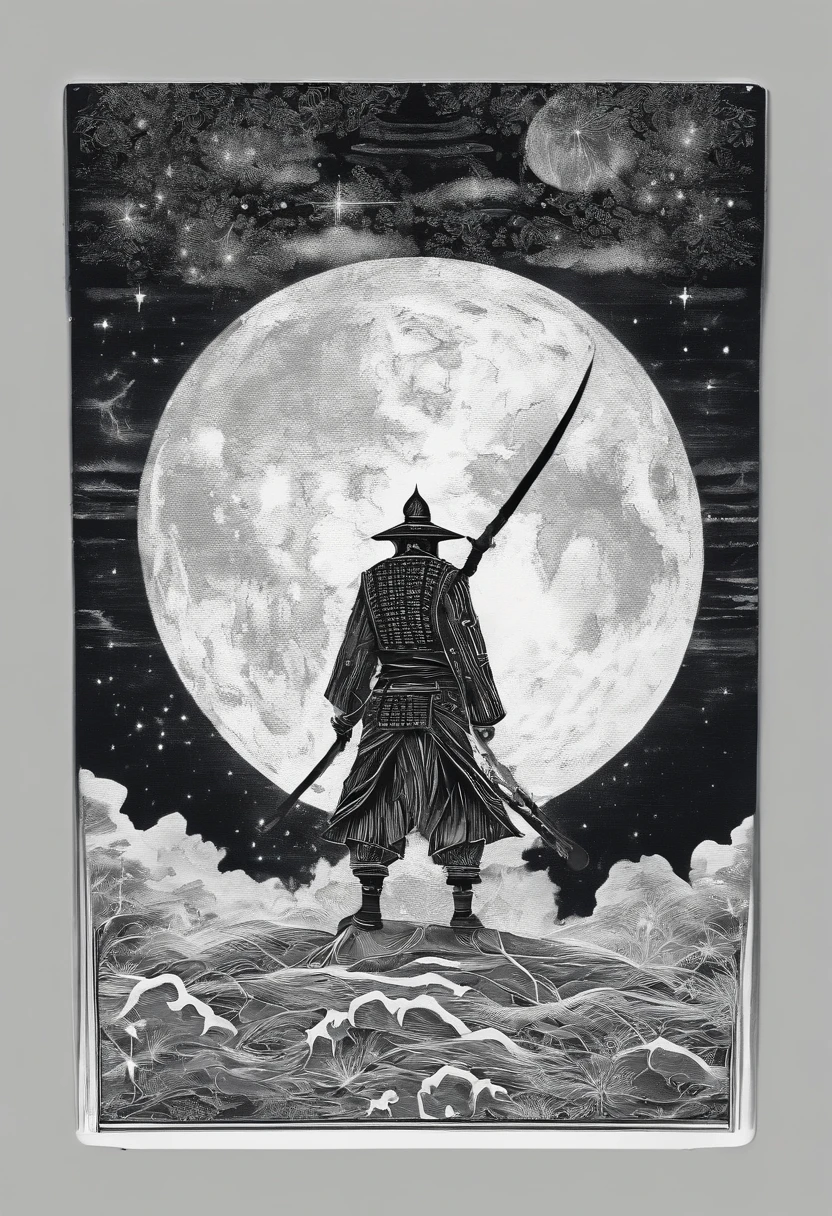 The samurai carries a sword, Starry sky and fog cover the landscape.