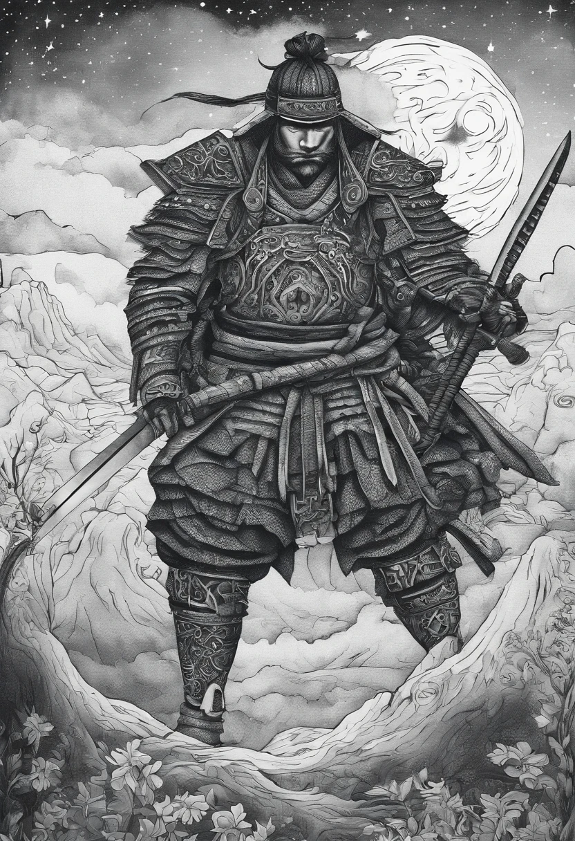 The samurai carries a sword, Starry skies and fog cover the landscape.