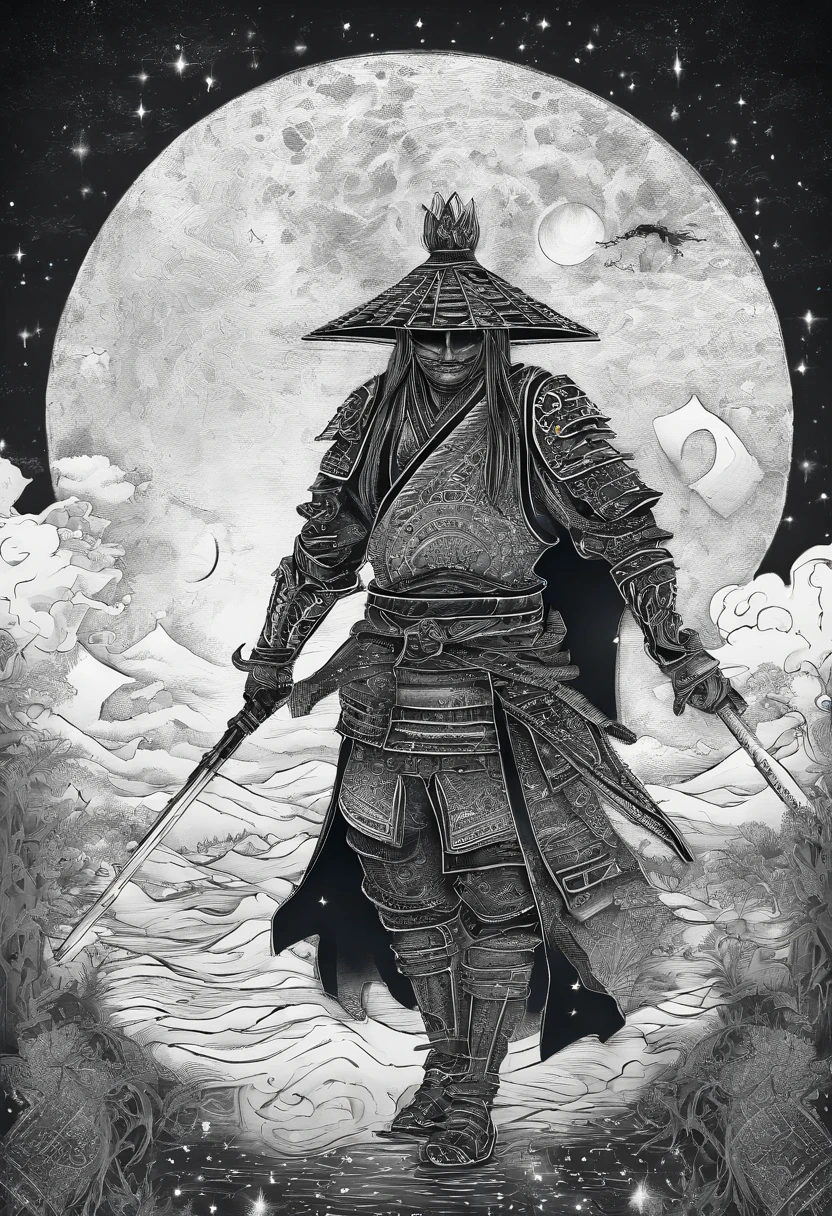 The samurai carries a sword, Starry skies and fog cover the landscape.