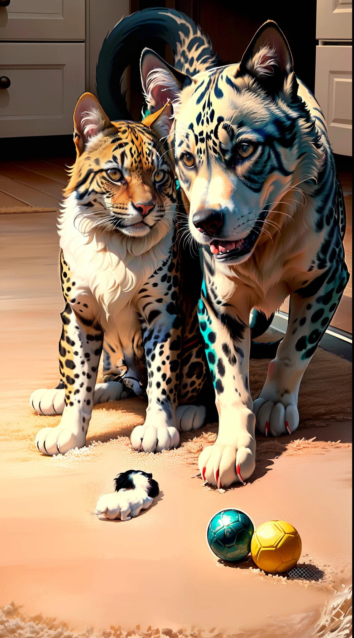 White dog playing with cat with jaguar spots on carpet full of toys,High resolution 17 mega pixels
