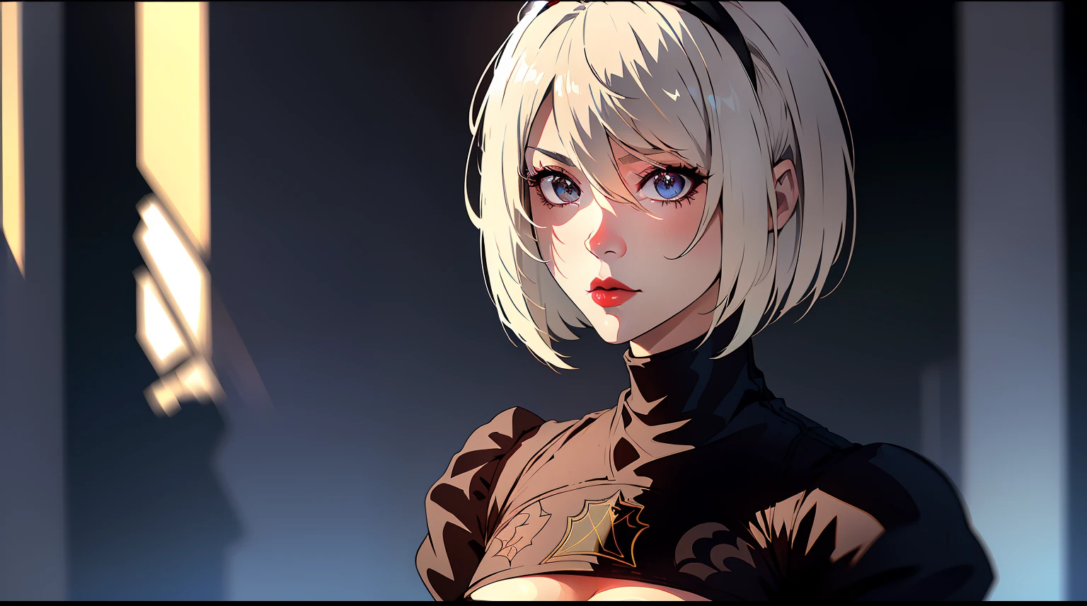seulement, Haut du corps, ((Yorha ne. 2 Type B)), 1fille ,((Bandeau)), ((bandeau noir, yeux couverts, Cacher les yeux)), poitrine, clivage, cleavage cutout, clothing cutout, cheveux entre les yeux, hairband, high resolucion, Manches Juliette, manches longues, nier \(series\), Automates Nier, (manches bouffantes), red lips, shaded face, Cheveux courts, seulement, turtleneck, cheveux blancs, korean, jeune, (((Masterpiece))), (Photo brute:1.2), (photoreallistic:1.4),Best quality, Ultra-detailed, 8k, wallpaper, extremely delicate and beautiful, High resolution, Ray Tracing, Meilleure ombre, facing camera, Ville cyberpunk, Regarder le spectateur