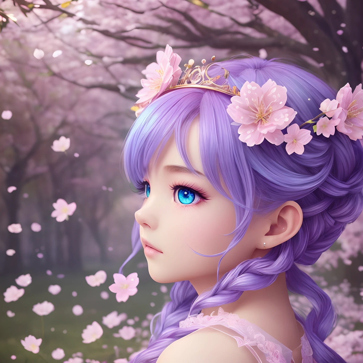 from side view, Hypersaturated, Be colorful, fairytale, dream-like, Cinematic character rendering, an oil painting, 。.3D, 8K分辨率, pasties, kirakira, cherry blossom forest, moonlights, Close-up portrait adorable little cute puppy king, A detailed eye、Large round reflective eyes、