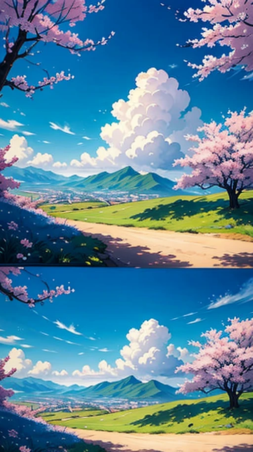 "sky landscape, ao ar livre, nuvens, lone tree, rochas imponentes, dia ensolarado, Deep blue sky, cherry blossoms in full bloom, grama suave, Steep hill, ao longe uma cadeia de montanhas, All elements combined in one scenic masterpiece"