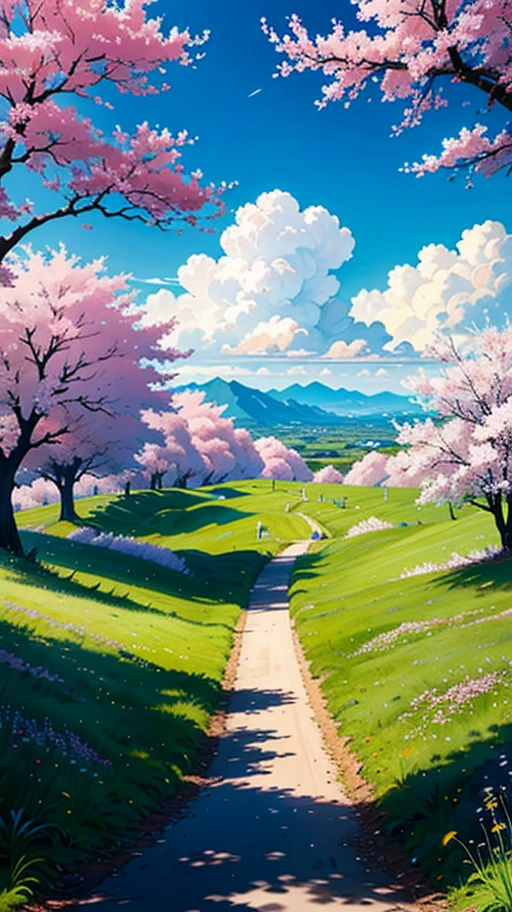 "sky landscape, ao ar livre, nuvens, lone tree, rochas imponentes, dia ensolarado, Deep blue sky, cherry blossoms in full bloom, grama suave, Steep hill, ao longe uma cadeia de montanhas, All elements combined in one scenic masterpiece"