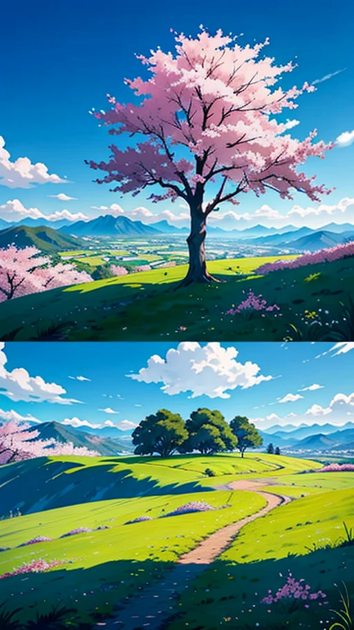 "sky landscape, ao ar livre, nuvens, lone tree, rochas imponentes, dia ensolarado, Deep blue sky, cherry blossoms in full bloom, grama suave, Steep hill, ao longe uma cadeia de montanhas, All elements combined in one scenic masterpiece"