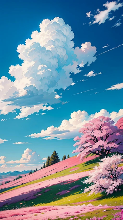 "sky landscape, ao ar livre, nuvens, lone tree, rochas imponentes, dia ensolarado, Deep blue sky, cherry blossoms in full bloom, grama suave, Steep hill, ao longe uma cadeia de montanhas, All elements combined in one scenic masterpiece"