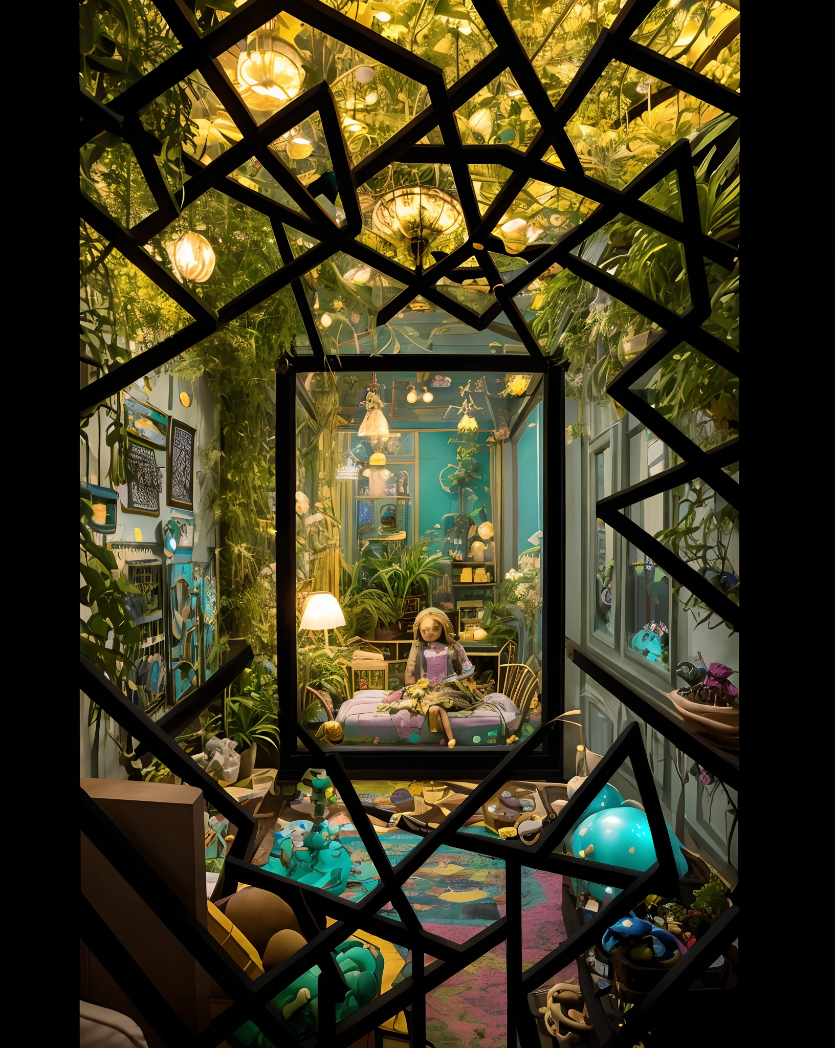 Architectural Digest photo of a {vaporwave/steampunk/solarpunk} ((Child room)) green, with a lot ??? toys, with dolls, with a big bed, with flowers and plants, golden light, hyperrealistic surrealism, award-winning masterpiece with incredible detail, breathtakingly epic