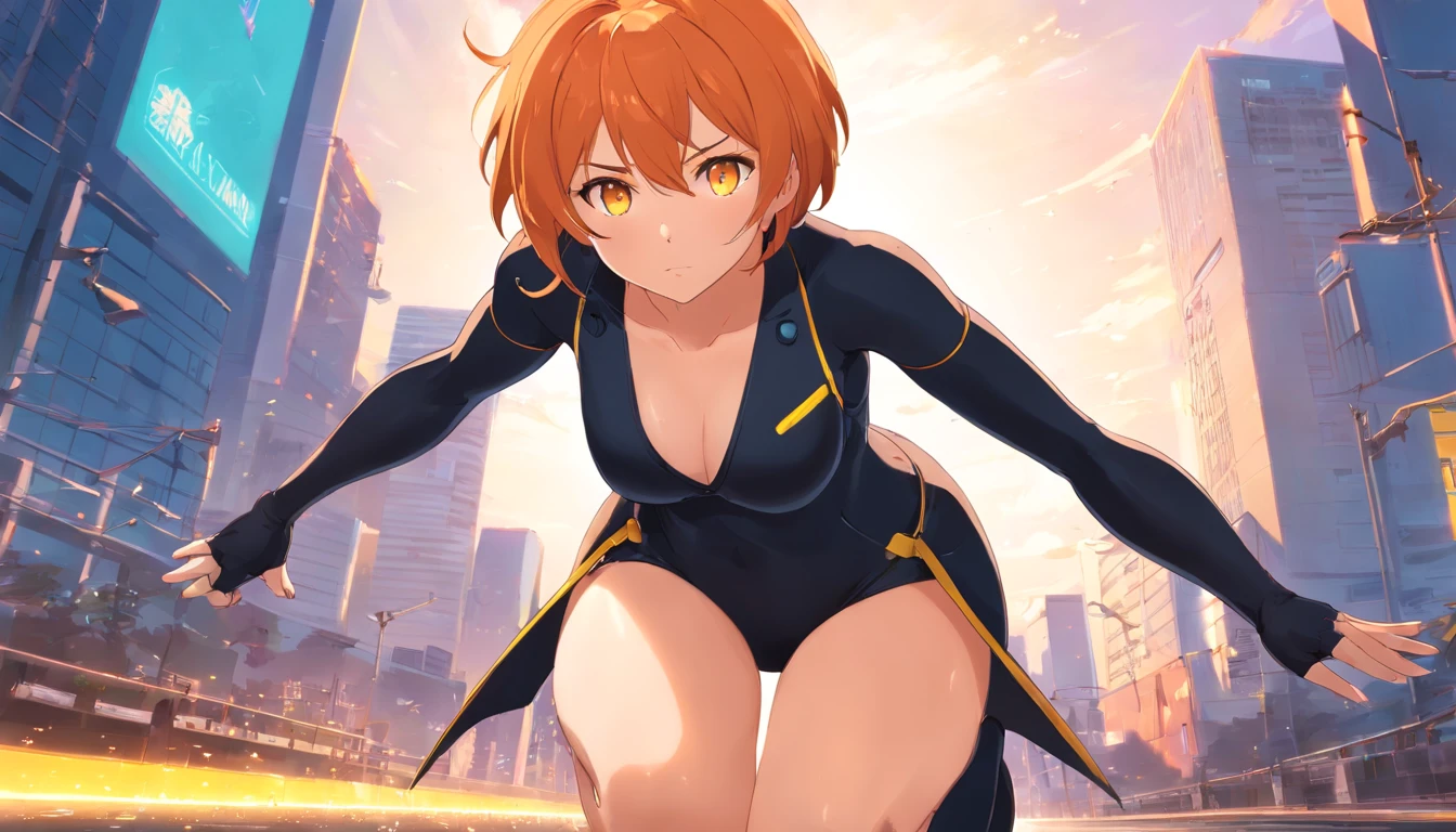 ​masterpiece、top-quality、1 female、Orange hair、huge tit、Big ass、black rubber suit、yellow  eyes、thick thighs、a short bob、wide hips、Thigh muscles、(Spark:0.7)、metals