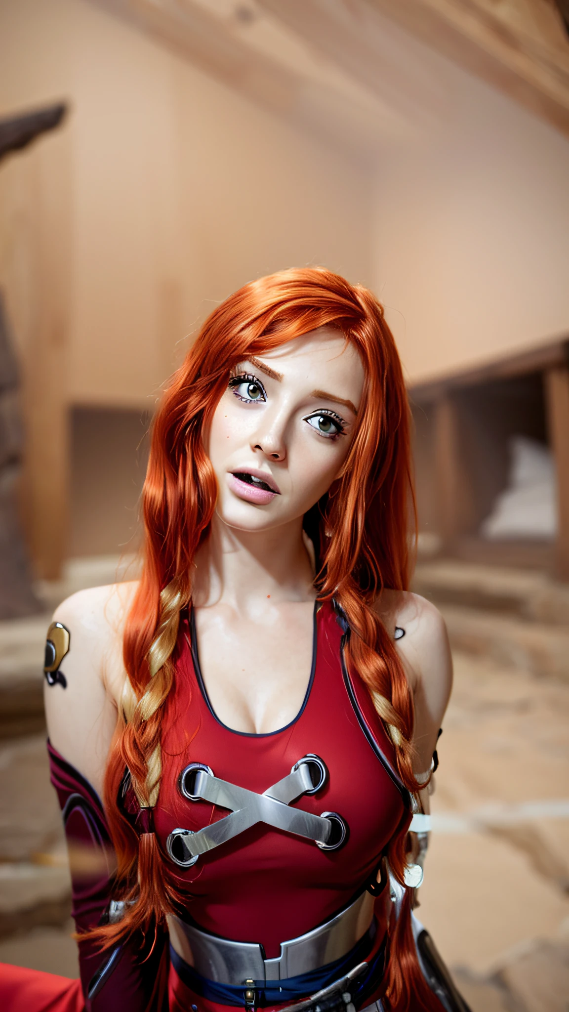 A cute woman (age 25, athletic, hair put up tight brightly colored) is an MMA fighter in the octagon. camera is from floor level looking up outside the ring