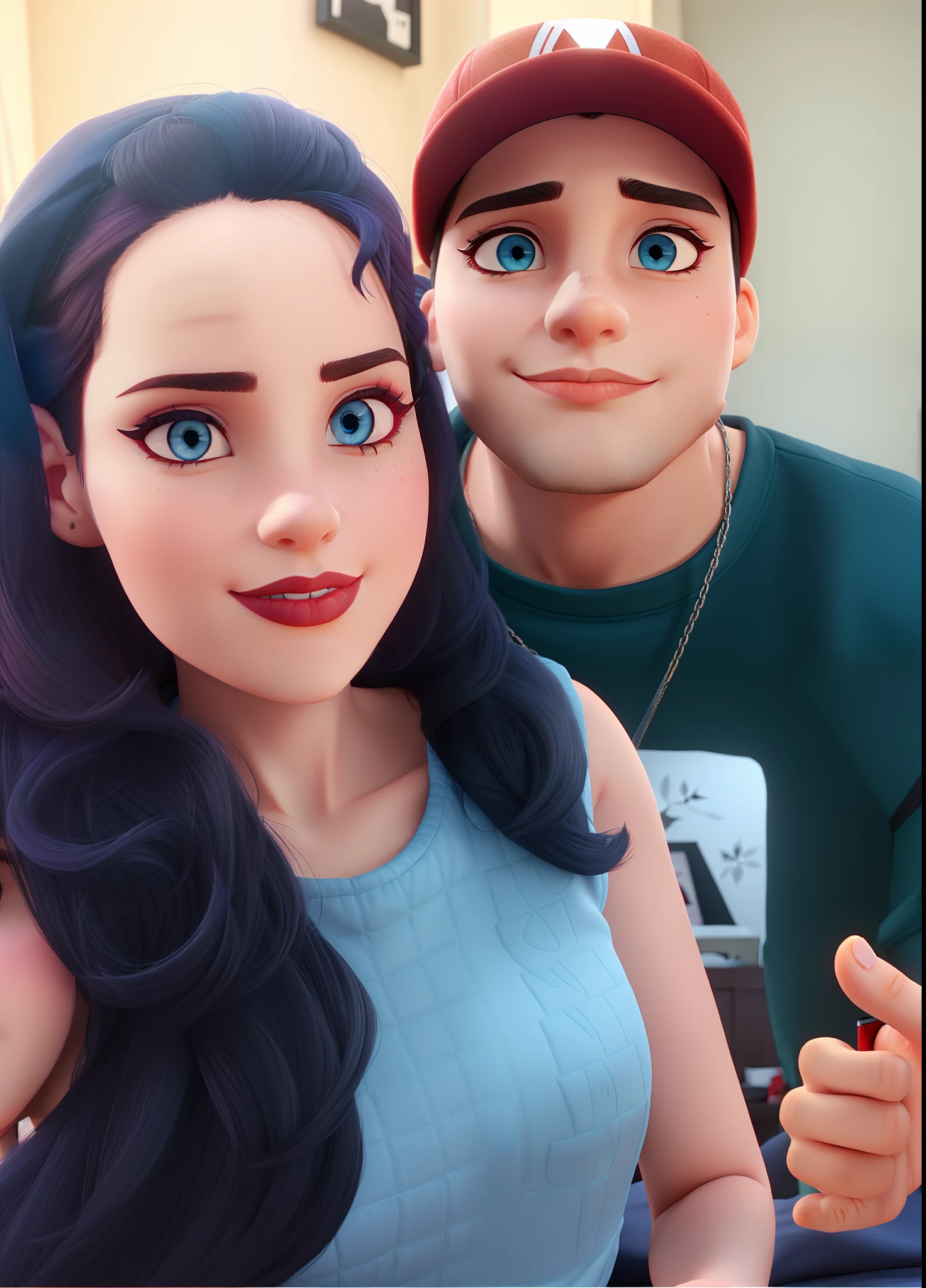 Woman with dark lipstick, dark eyes and eyeliner, man with rounded blue eyes wearing red element cap in the bedroom.