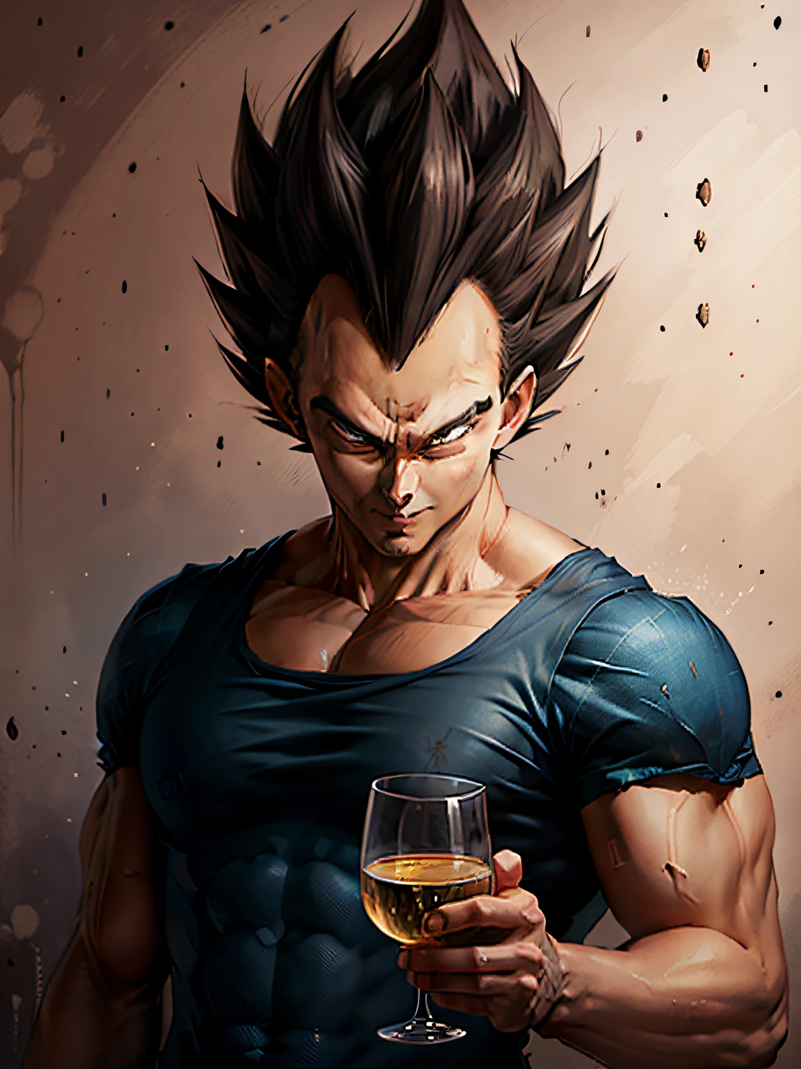 pintura "homem personagen Vegeta super sayajin dbz cheio de musculos forte grande olhar bravo e sorriso debochado" Perfect face and eyes like the ones in manga anime without mistakes holding a glass of champagne, It's not Guillem H's style. Pongiluppi, Alex Ross, , Enchanting hyper-detail realistic character illustrations, Carrie Graber, quadrinhos, arte, anime, manga, Full HD