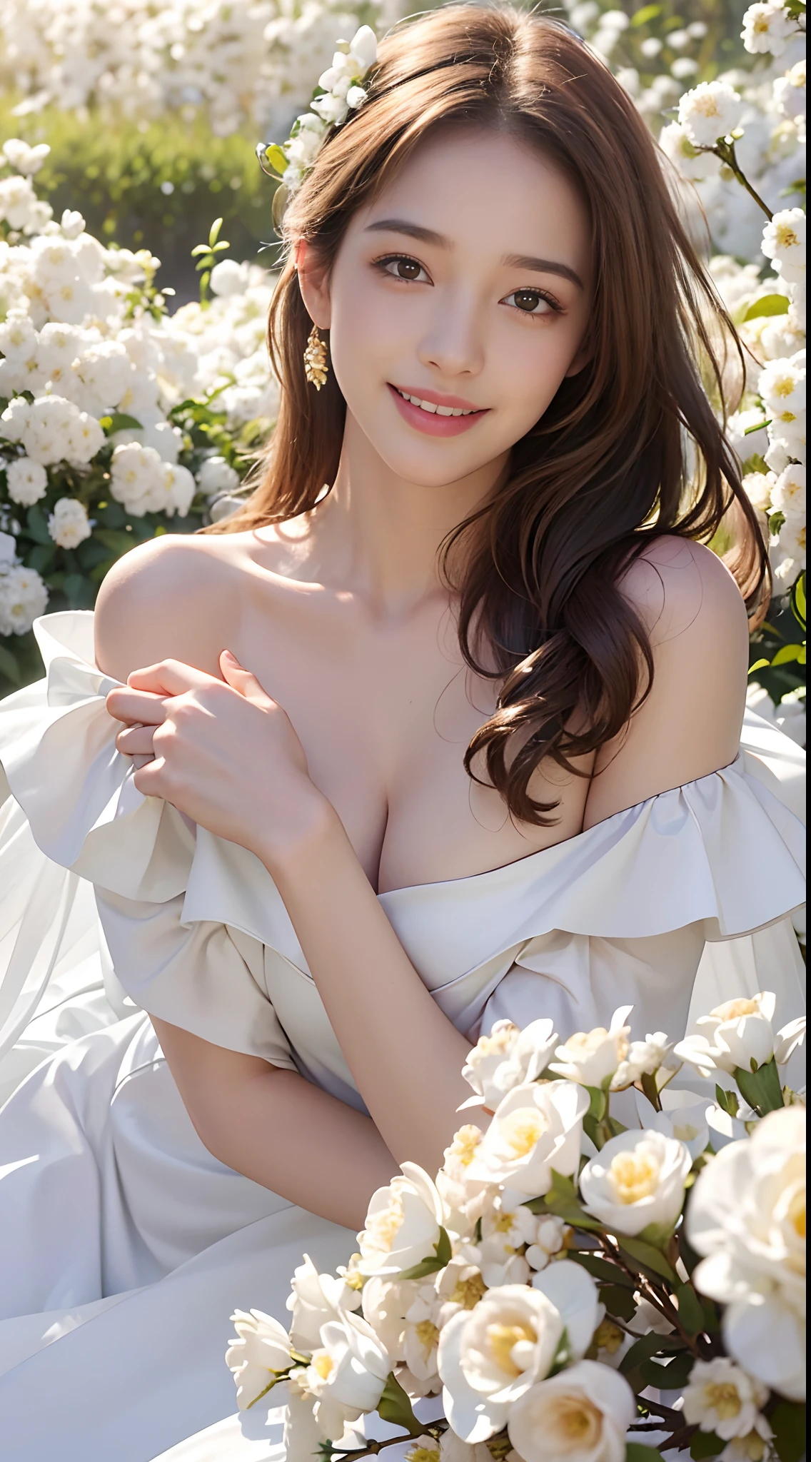 Best quality, masterpiece, ultra high res, (photorealistic:1.4), raw photo, 1girl, white dress, off shoulder, blossom flower field, glowing skin, light smile