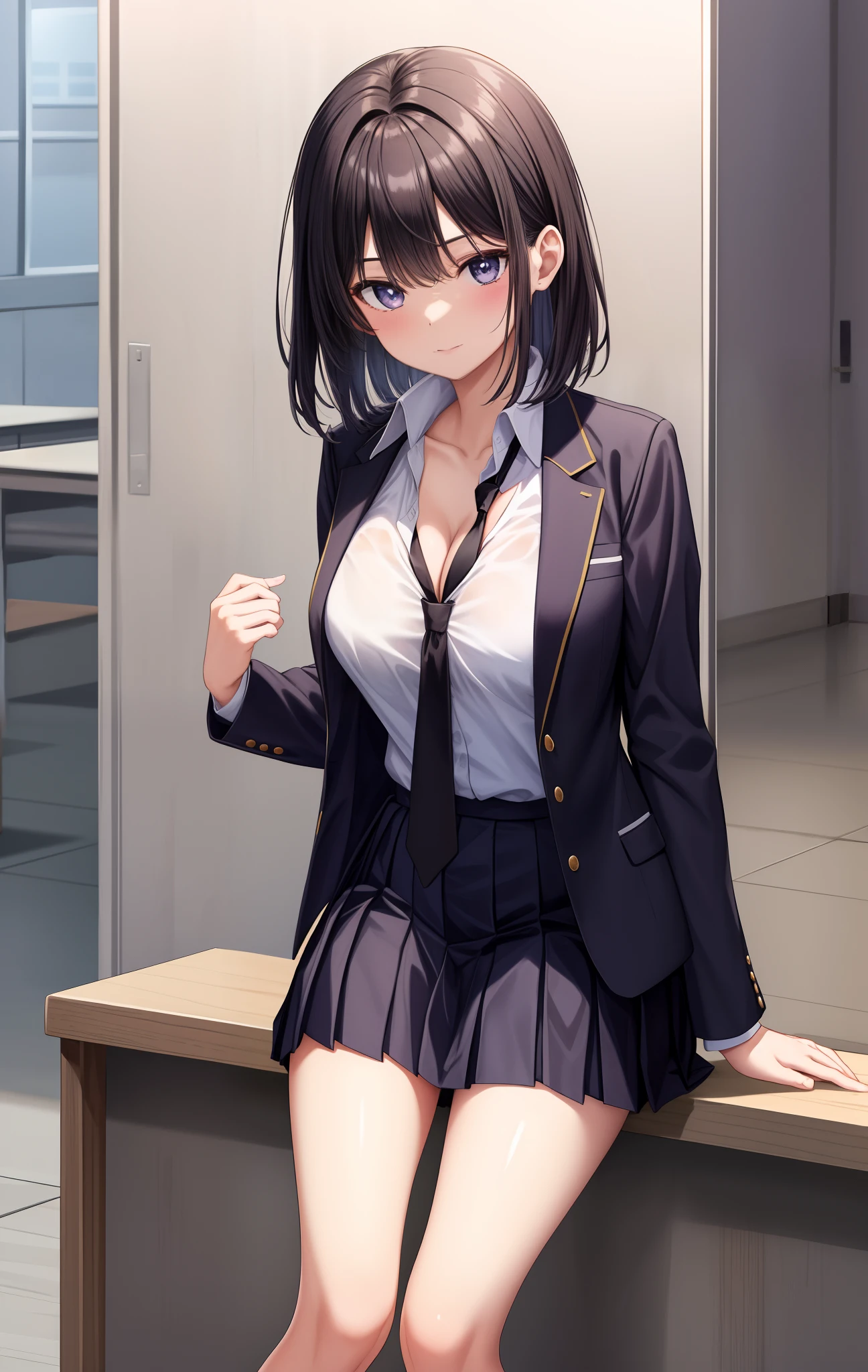 black necktie, Long sleeves, Pleated skirt, School uniform, Shirt, Skirt, sleeves rolled up, White shirt, cleavage,