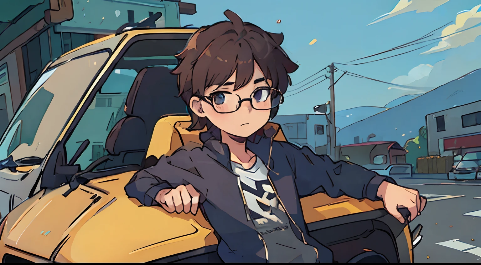 Cute male character wearing glasses leaning against a car