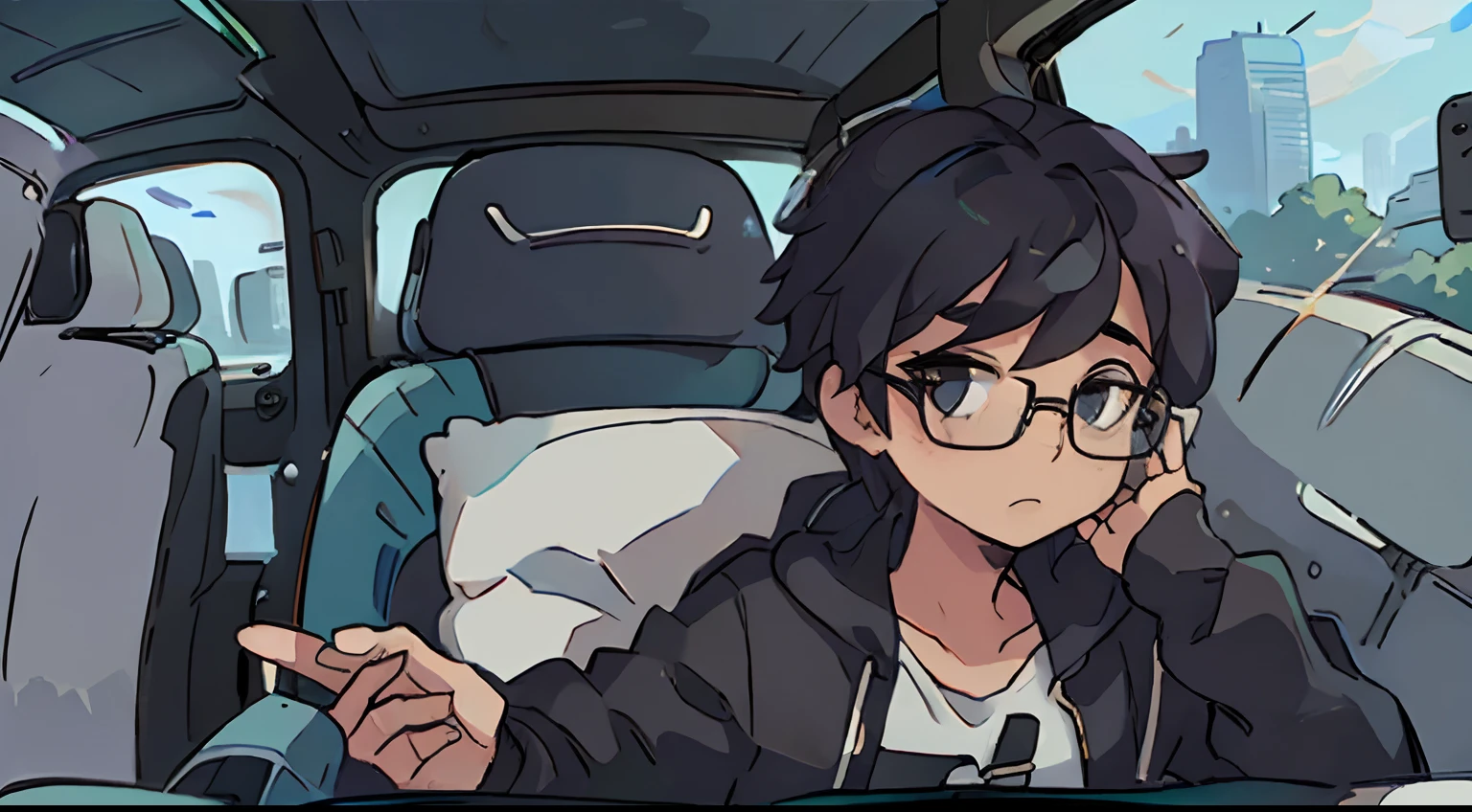 Male character with cool glasses in the car The entire car is in the picture.