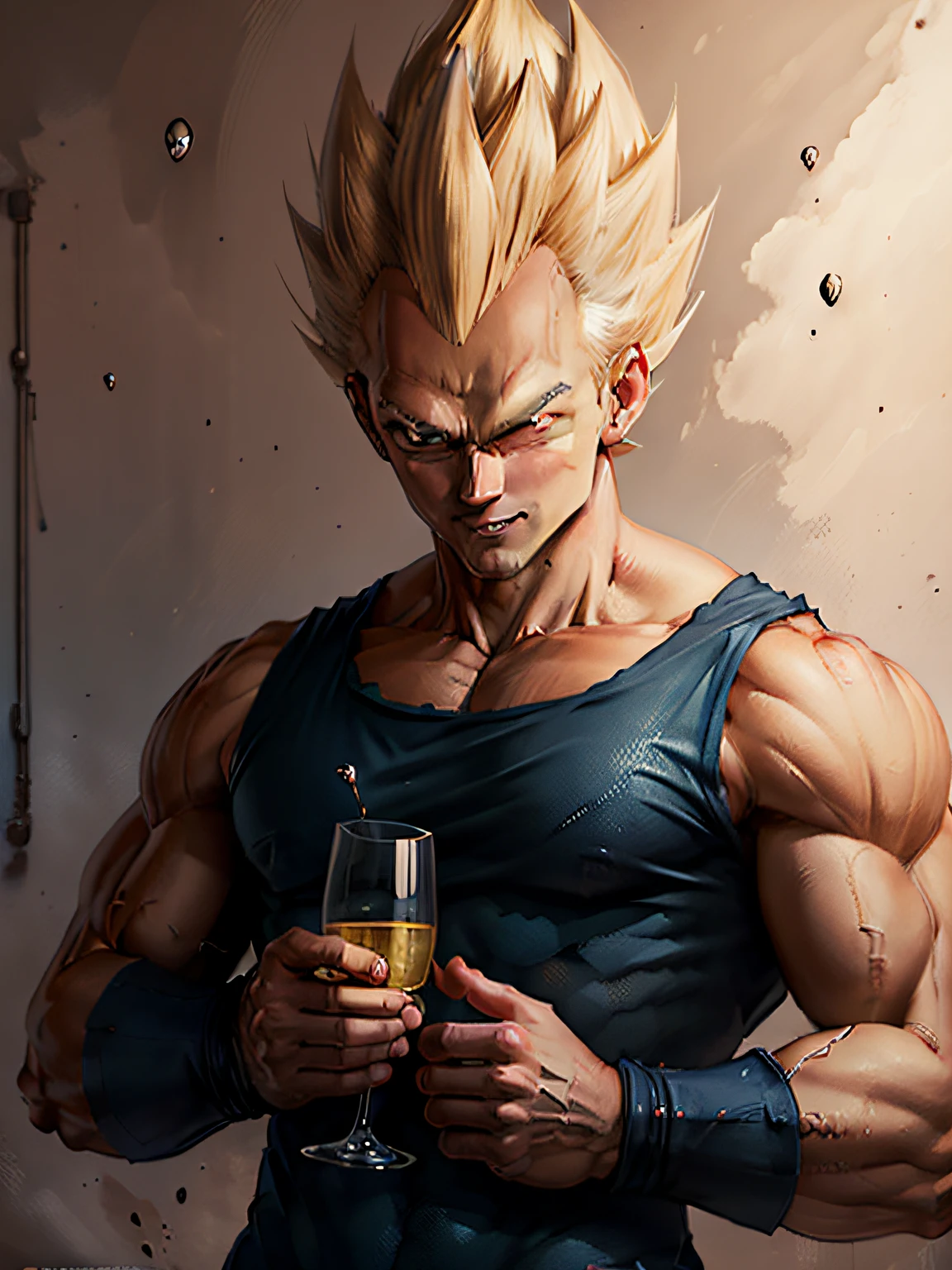 pintura "homem personagen Vegeta super sayajin dbz cheio de musculos forte grande olhar bravo e sorriso debochado" Perfect face and eyes like the ones in manga anime without mistakes holding a glass of champagne, It's not Guillem H's style. Pongiluppi, Alex Ross, , Charming hyper-detail realistic character illustrations, Carrie Graber, quadrinhos, arte, anime, manga, Full HD