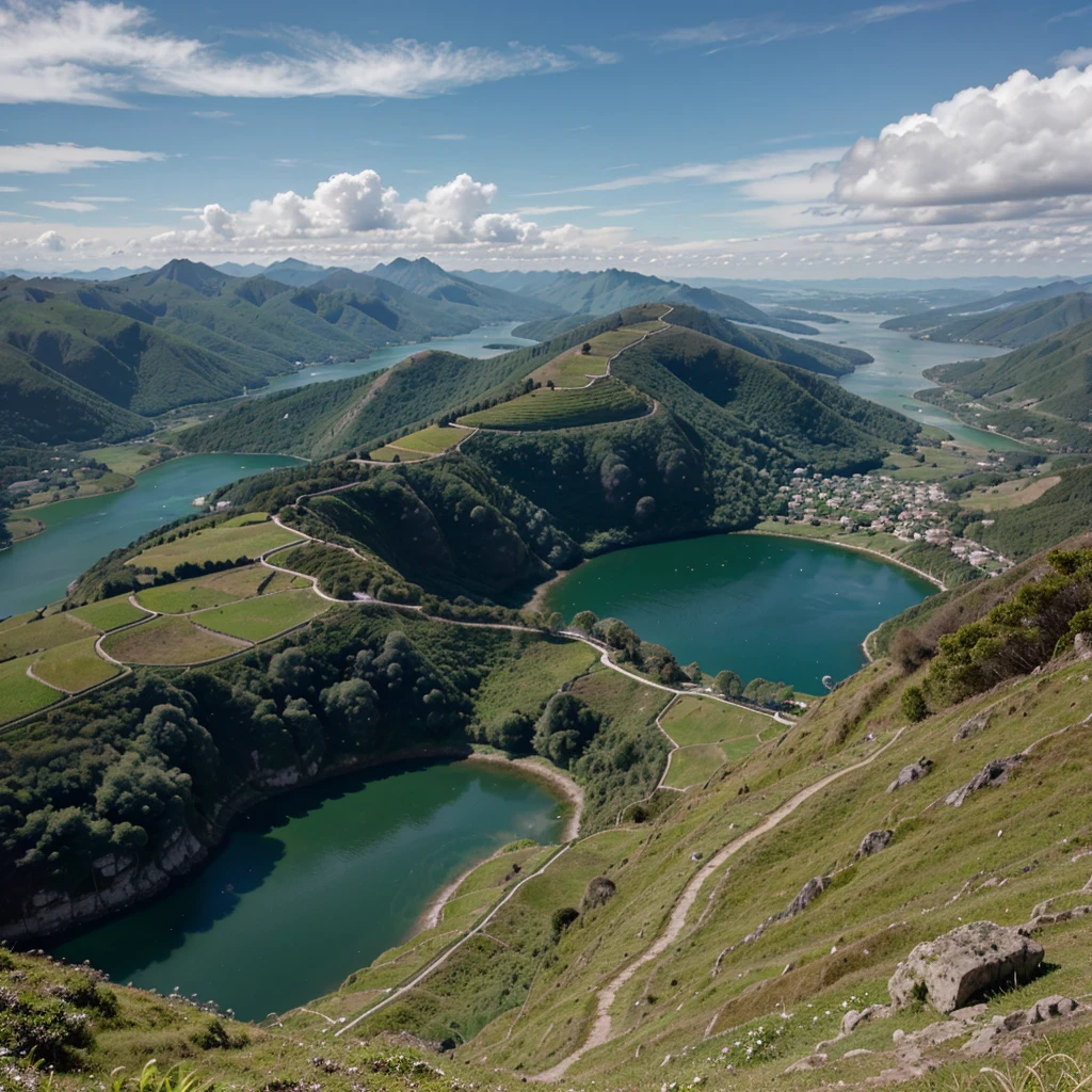 uma paisagem vista de cima de um morro, grama verde, um lago, montanhas no fundo