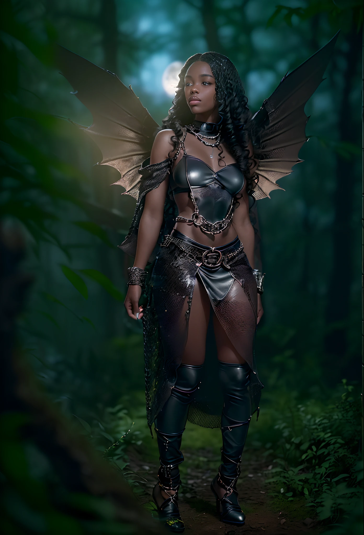 ((18-year-old))), black girl, (((light skin))), (((full body pose))), (((long curly black hair))), (((wearing tight chainmail micromini skirt, chainmail bra, open front cloak, wings))), (((seamless, black, pantyhose))), standing in the dark woods at night, moonlight shining through the dense canopy, (((dark castle in the background))), dark fantasy, Rich, Deep Colours, (intricate details:0.9), (HDR, hyper-detailing:1.2), (natural skin textures, hyper realisitc, glistening skin, soft light, Sharp),