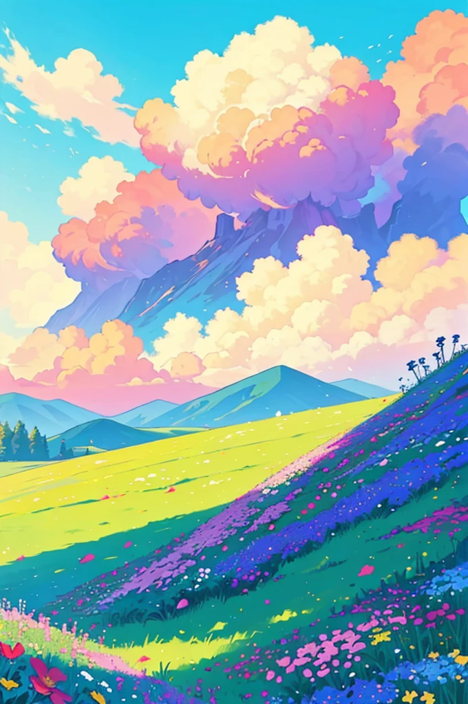 masterpiece, best quality,background ,lanscape,aesthestic, flowers background,sunny day ,blue skies,floral