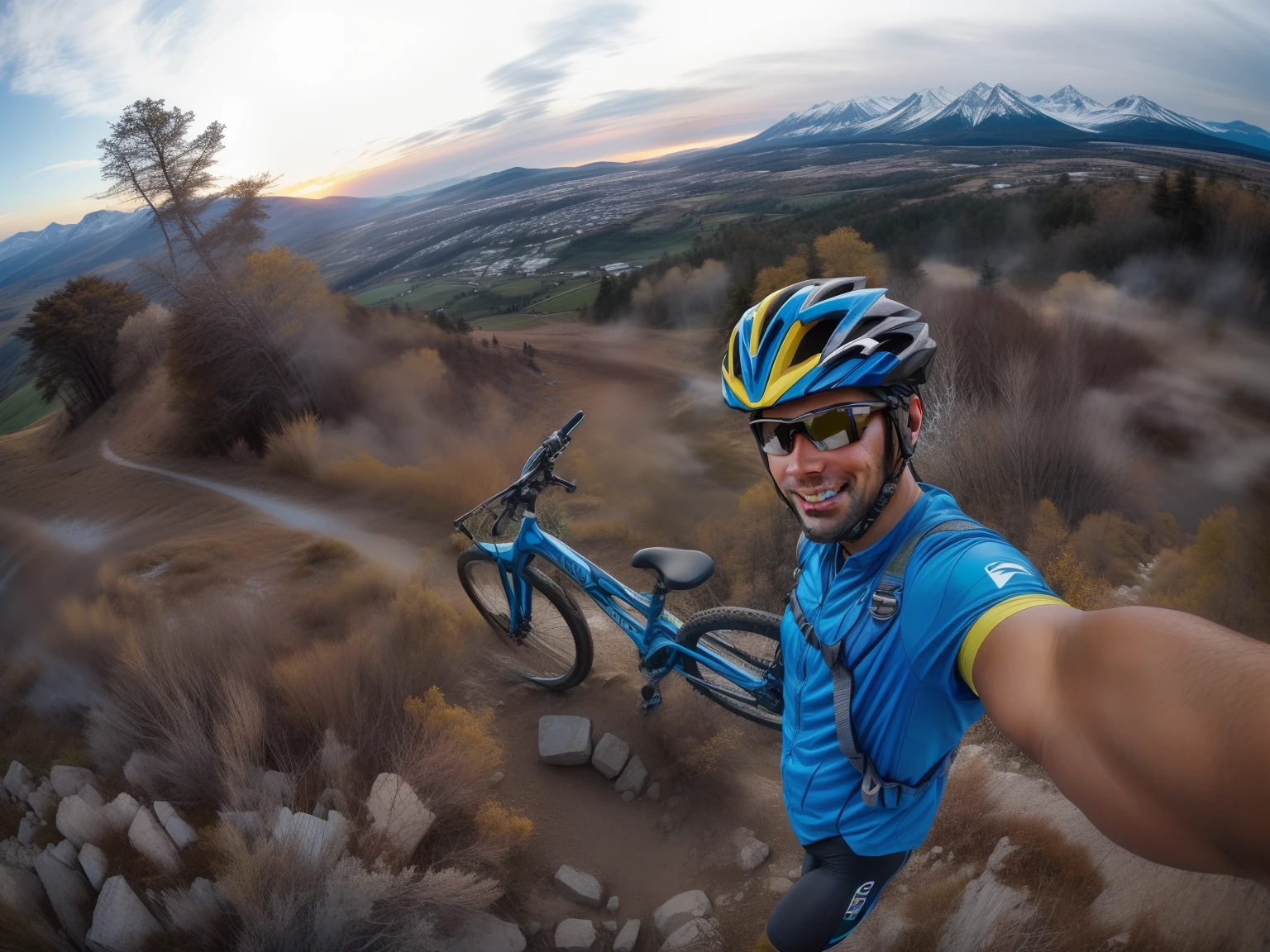 Homem de Arafed tirando uma selfie de si mesmo em uma bicicleta de montanha, Assumido em Go Pro Hero8, Tiro em GoPro9, Colinas ao fundo, com montanhas ao fundo, no topo de uma colina, no topo de uma colina, trying to ride it, Alma piedosa, Fotografia GoPro, com uma cidade em segundo plano, com montanhas no fundo
